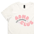 White t-shirt with pink and gray text on a white background
