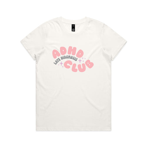 White t-shirt with pink text 'ADHD Club' on a white background
