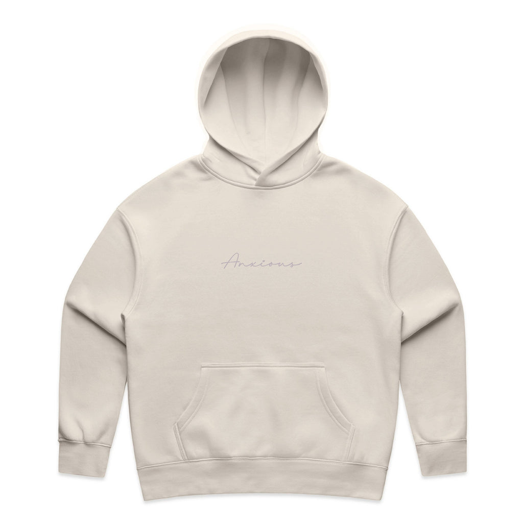 Beige hoodie with 'Anxious' branding on a white background