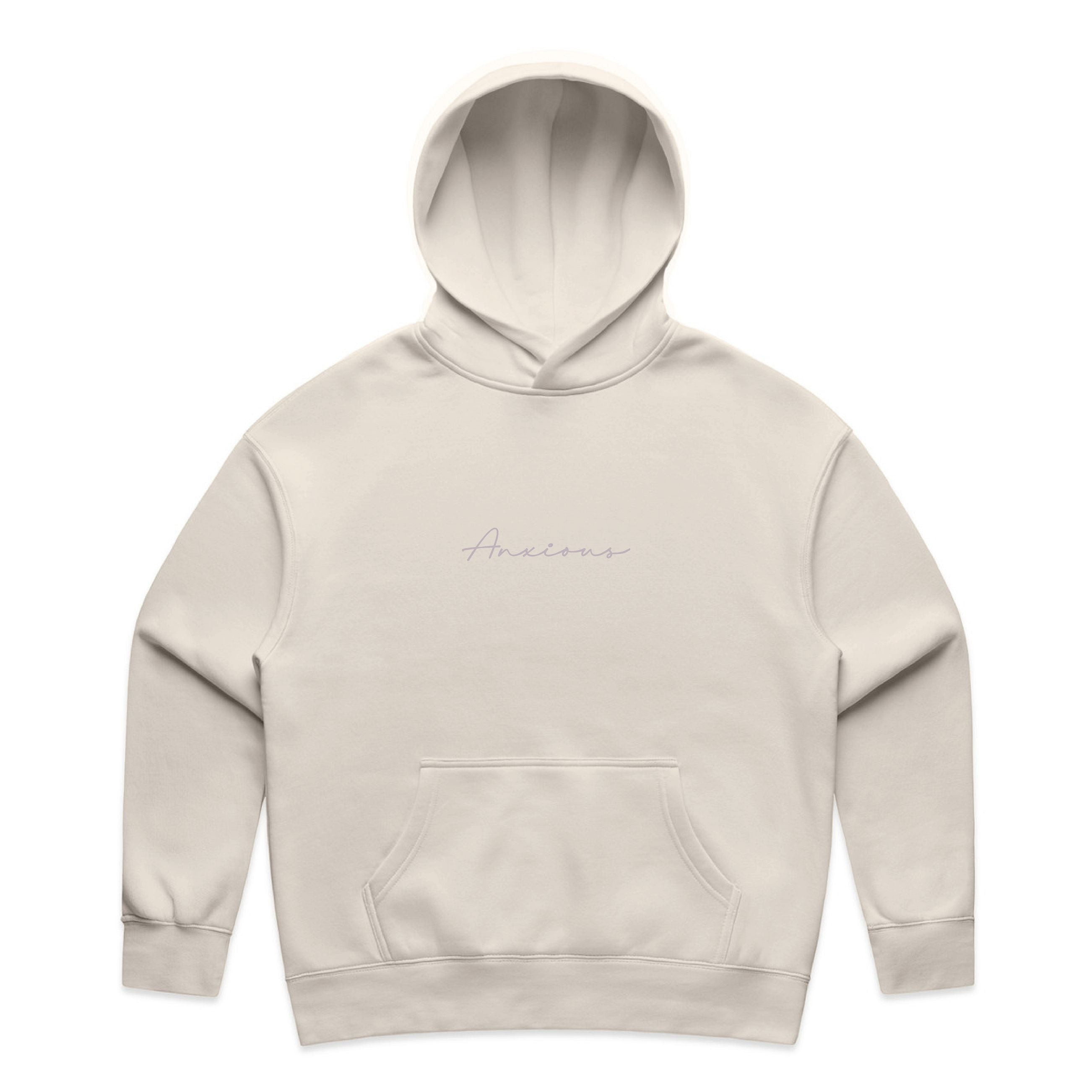 Beige hoodie with 'Anxious' branding on a white background