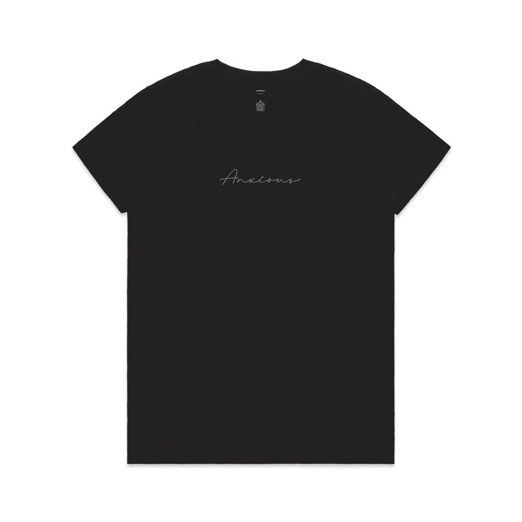Black t-shirt with 'Anxious' writing on a white background