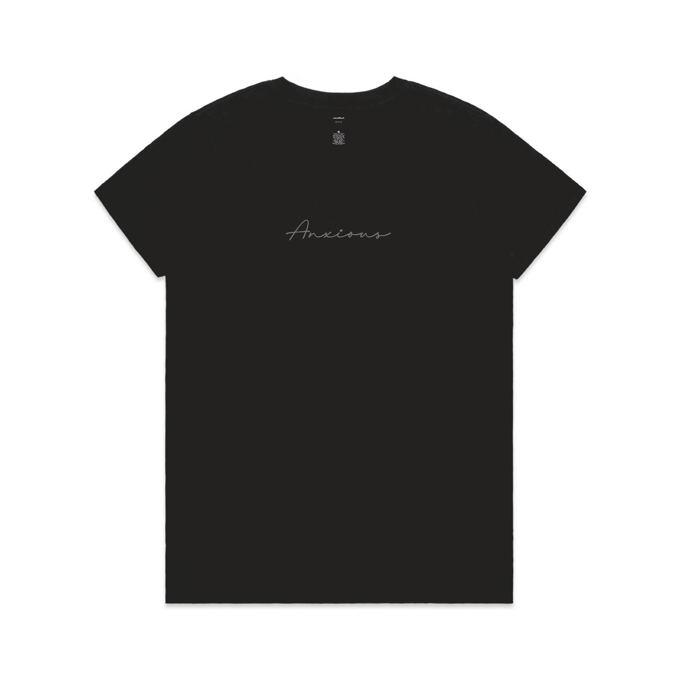 Black t-shirt with 'Anxious' writing on a white background
