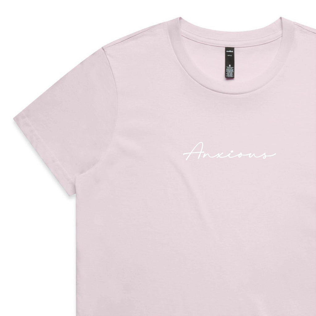 Light pink t-shirt with 'Anxious' text on a white background