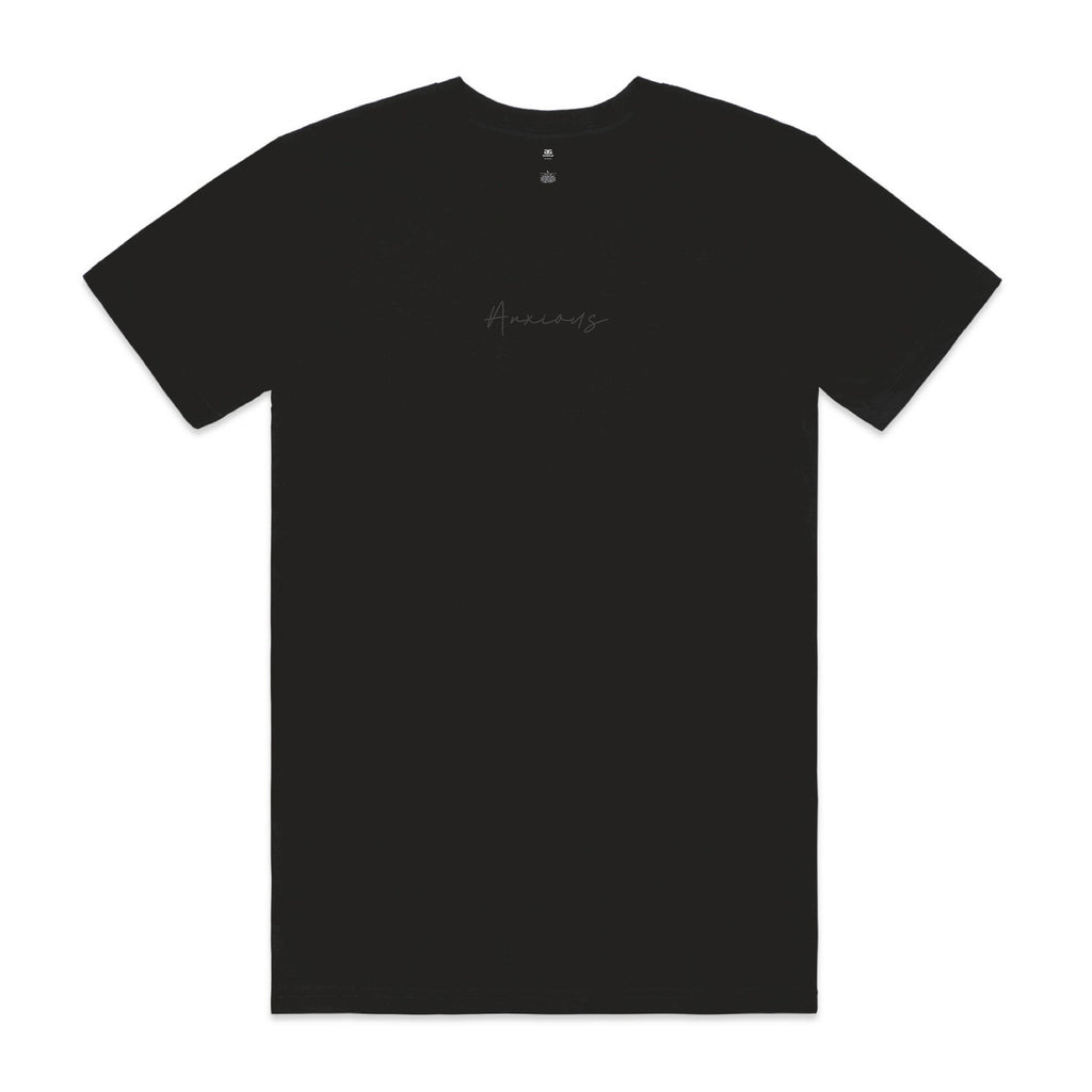 Black t-shirt with  'anxious' on a white background