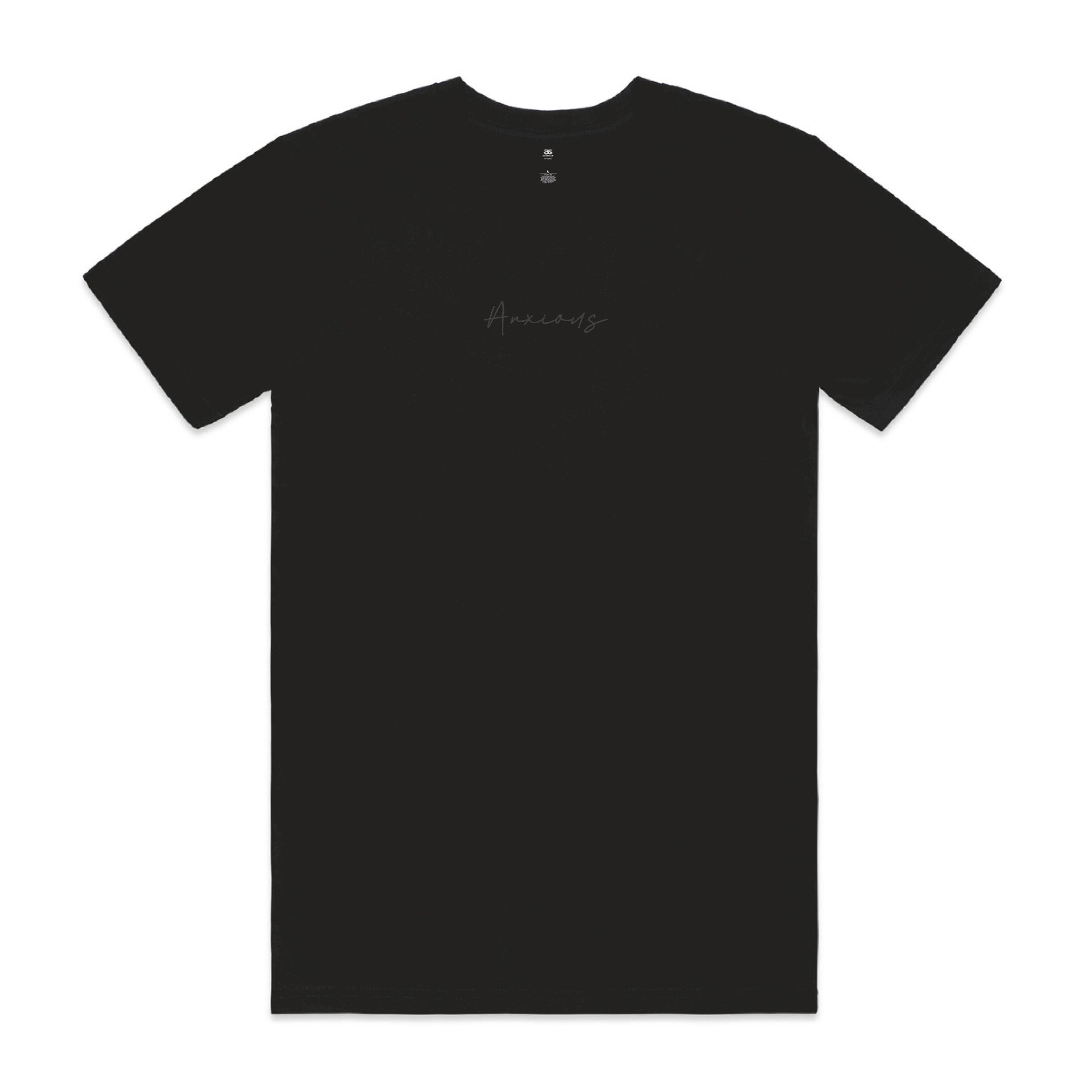 Black t-shirt with  'anxious' on a white background