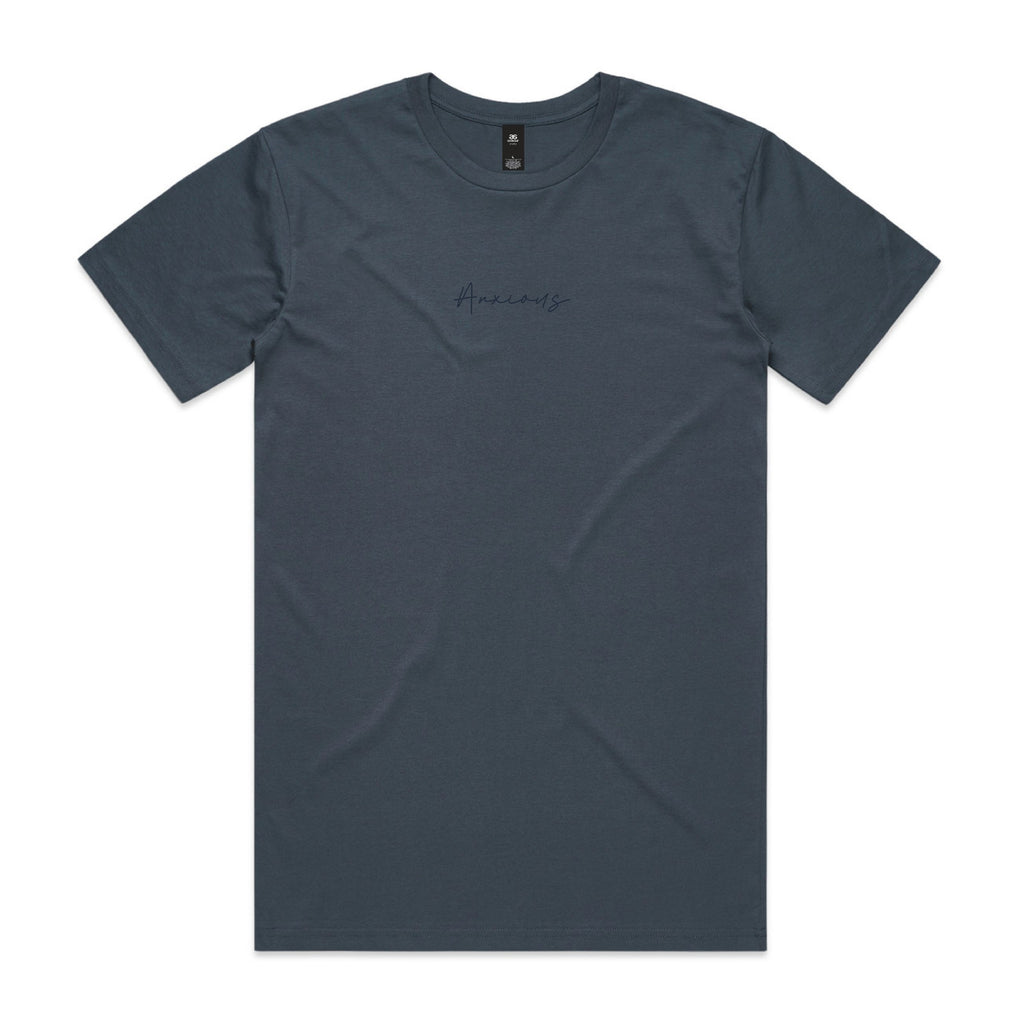 Plain dark petrol blue t-shirt with 'Anxious' text on a white background