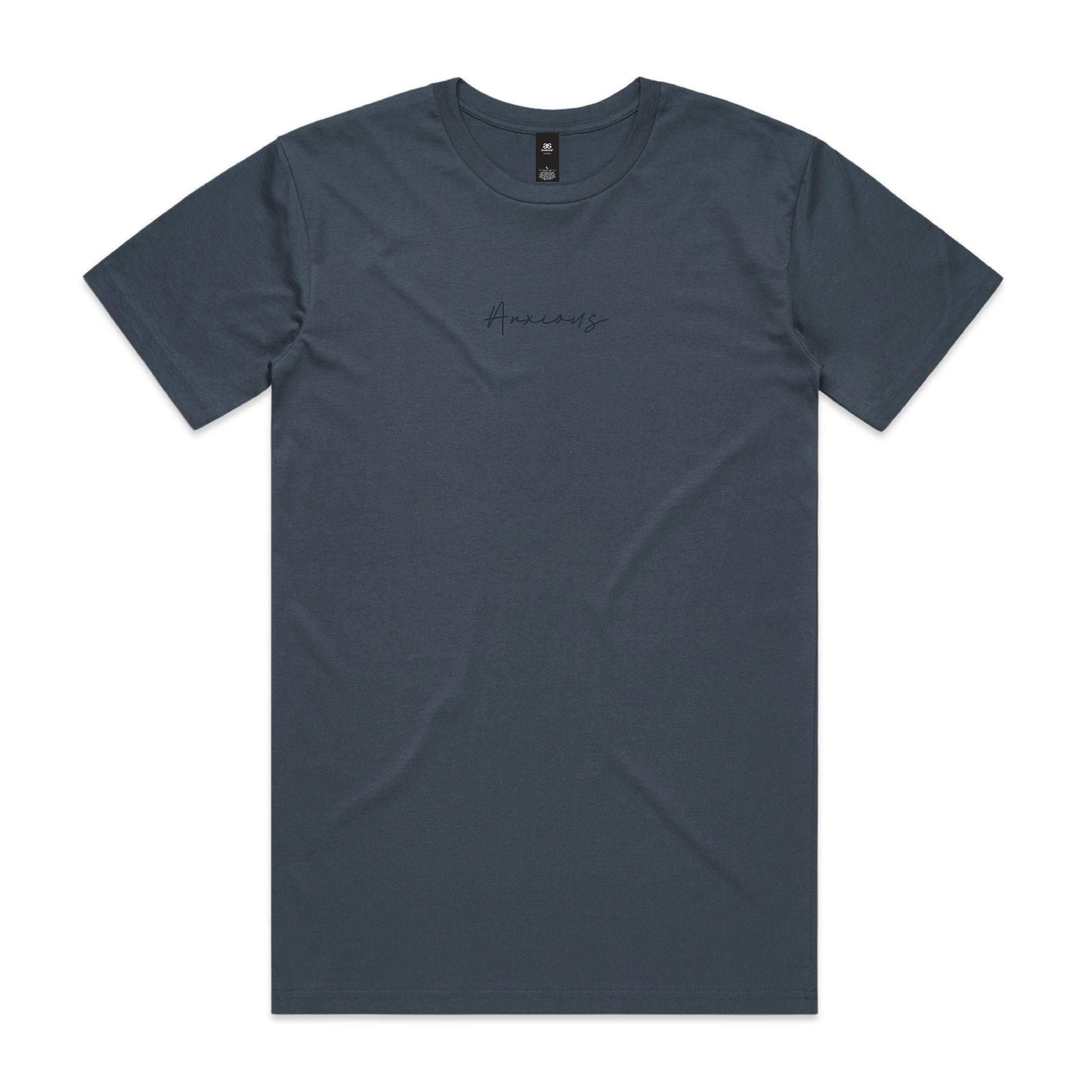Plain dark petrol blue t-shirt with 'Anxious' text on a white background