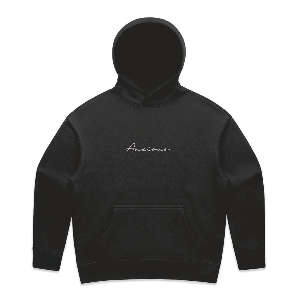 Black hoodie with 'Anxious' text on a white background
