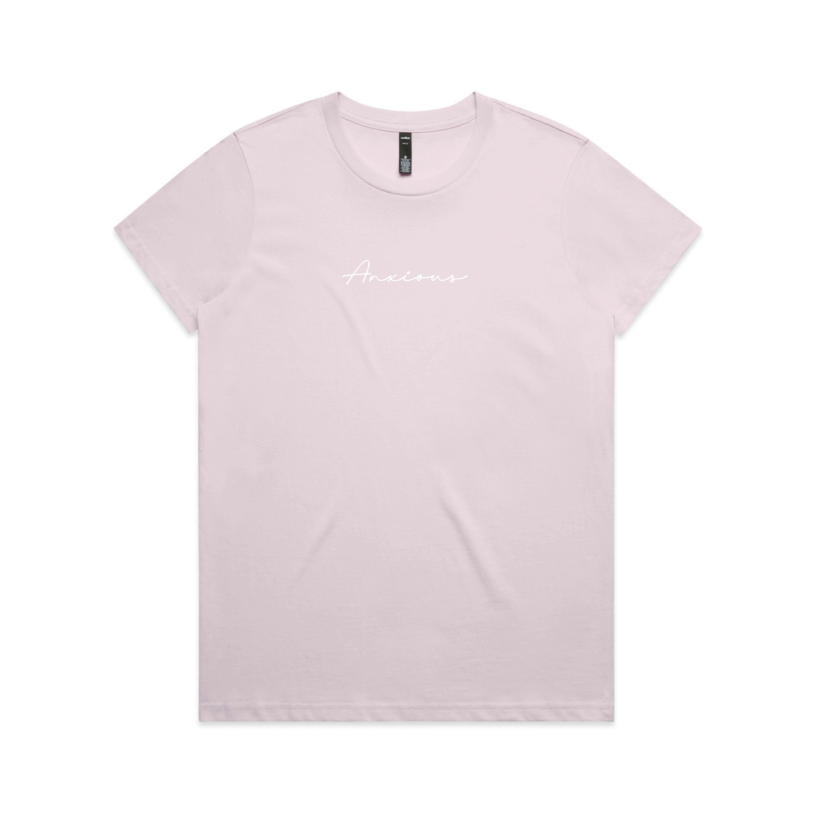 Light pink t-shirt with white text on a white background