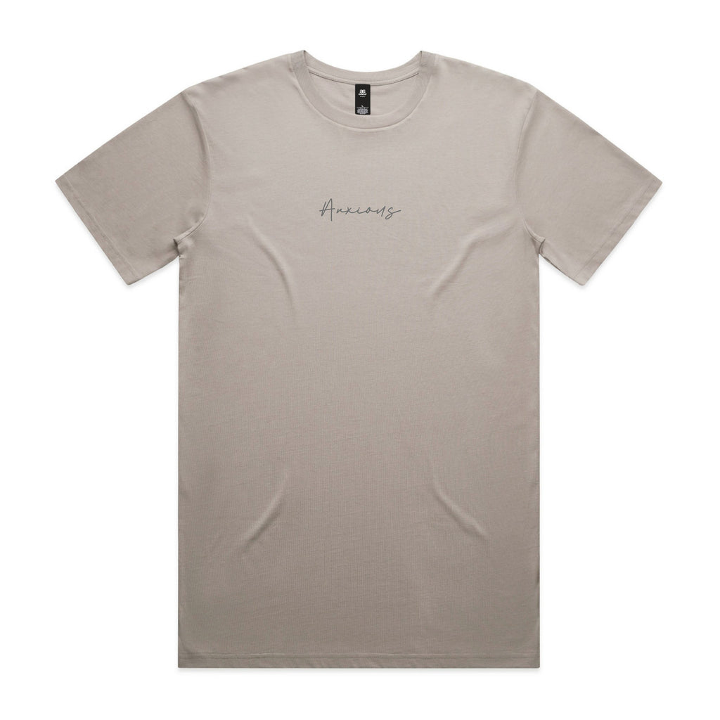 Beige t-shirt with 'Anxious' text on a white background