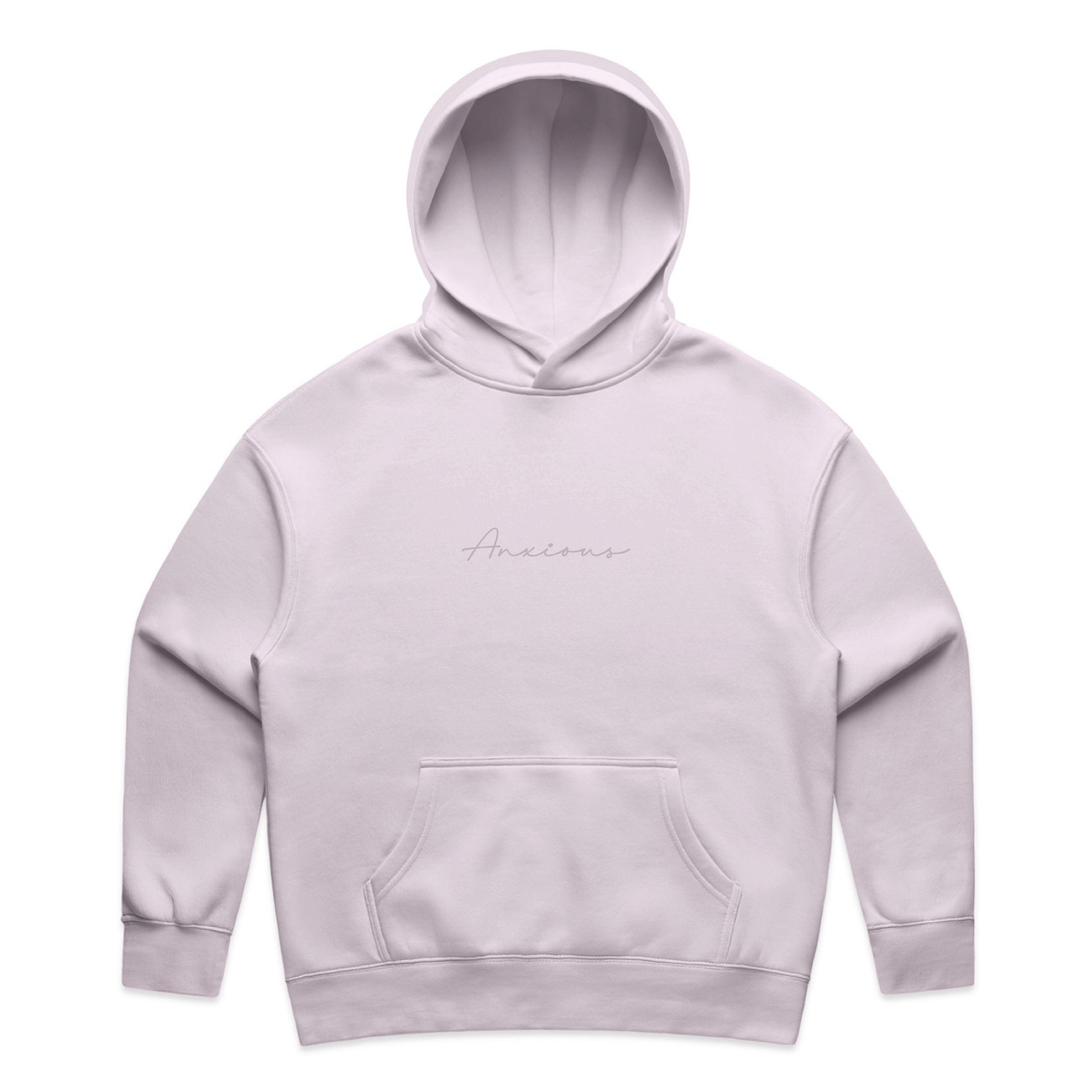 Light purple hoodie with 'Anxlous' branding on a white background