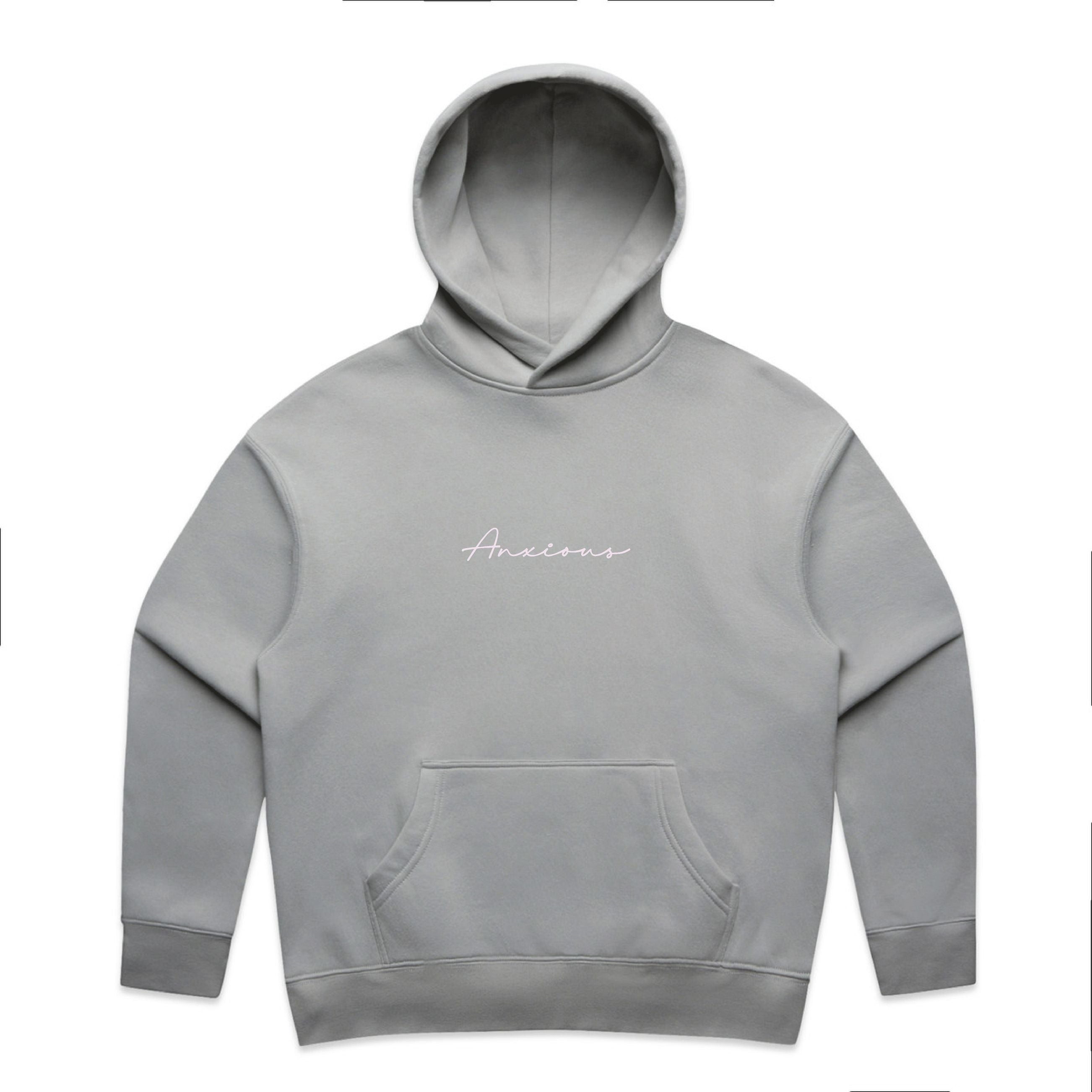 Gray hoodie with 'Anxlous' branding on a white background