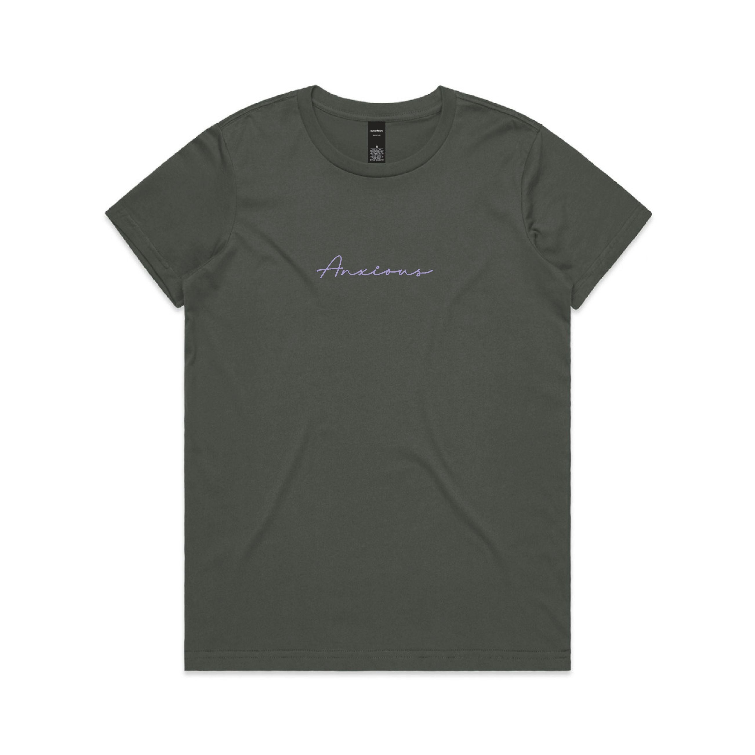 Dark gray t-shirt with 'Anxious' text on a white background