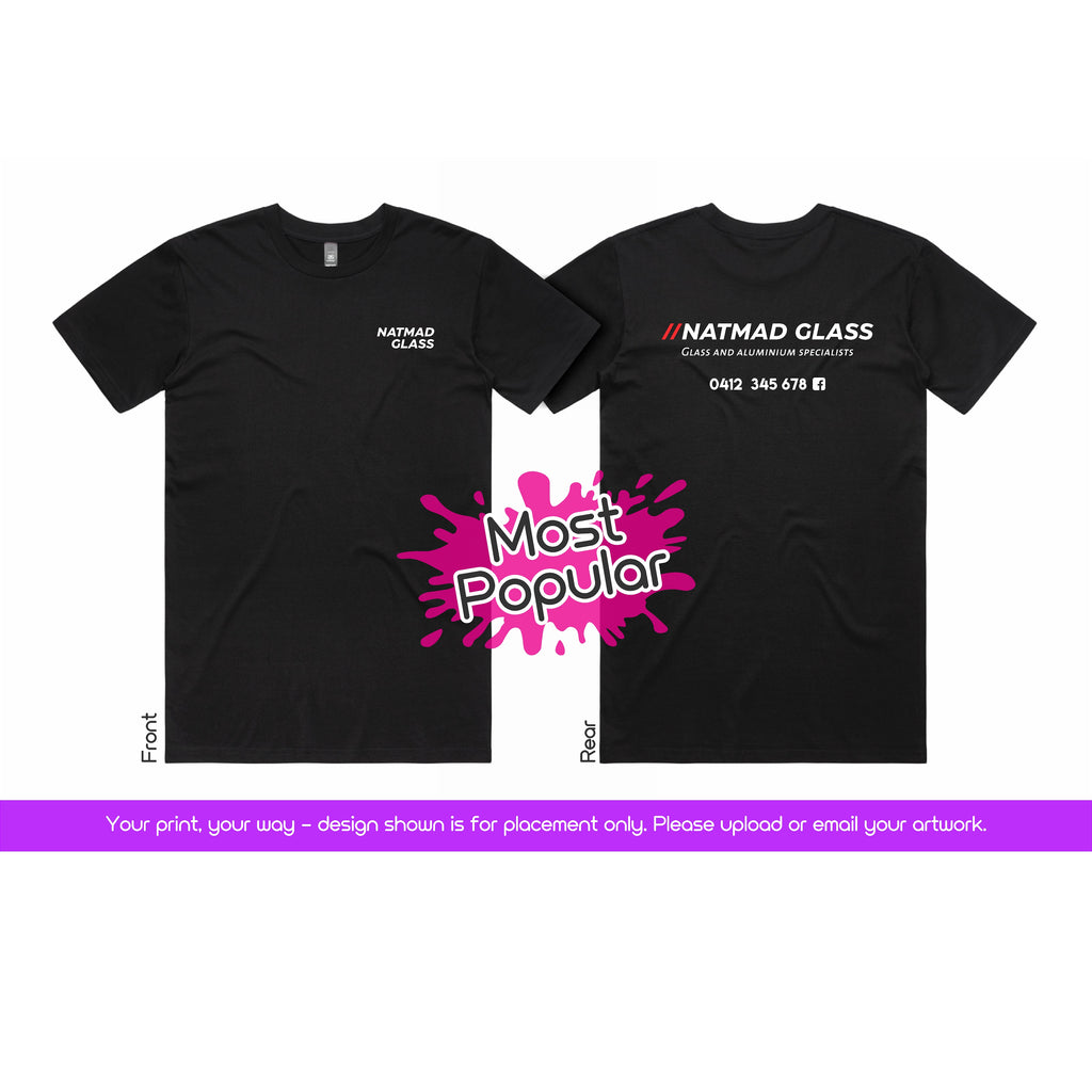 Black t-shirt with 'NATMAD GLASS' branding on front 'Most Popular' on a white background.