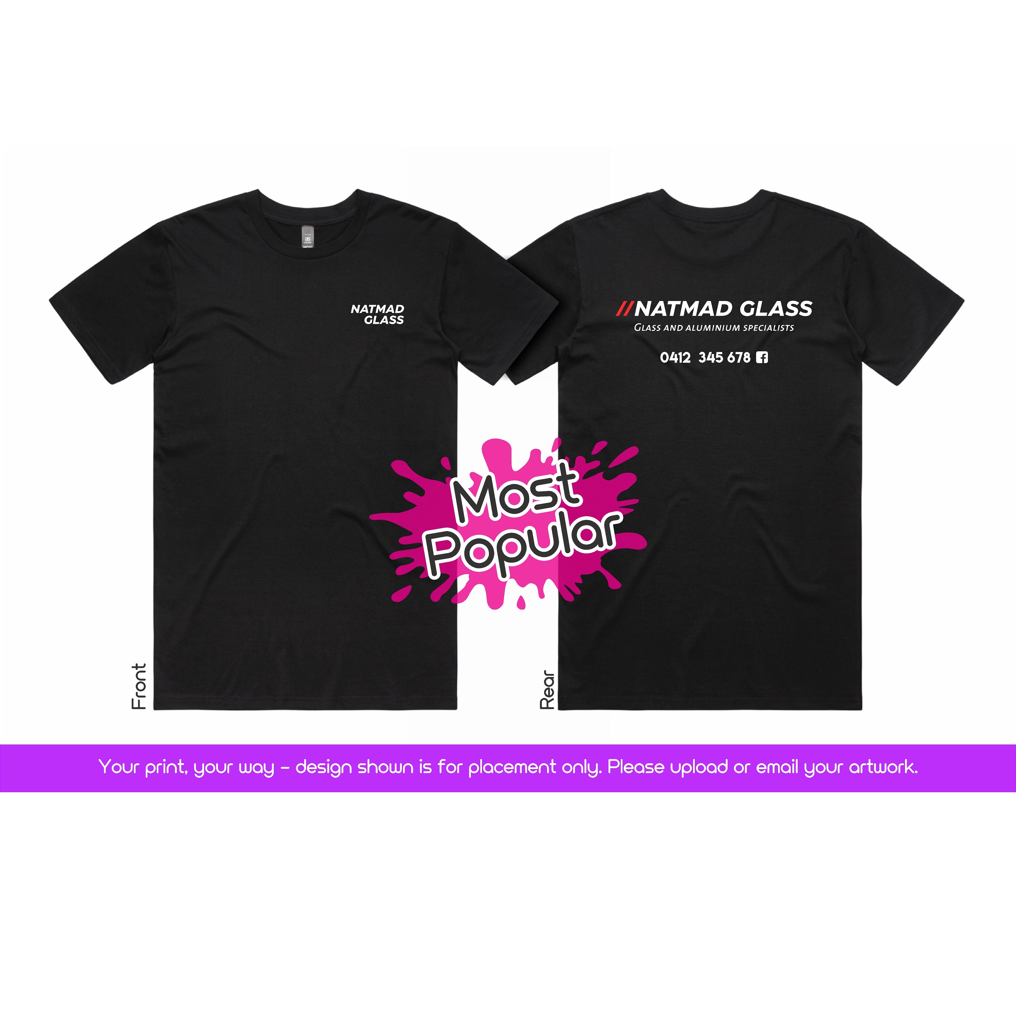 Black t-shirt with 'NATMAD GLASS' branding on front 'Most Popular' on a white background.