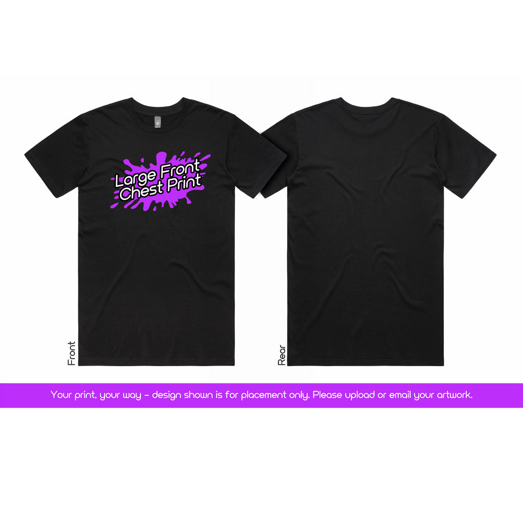 Black t-shirt with largr purple graphic on front