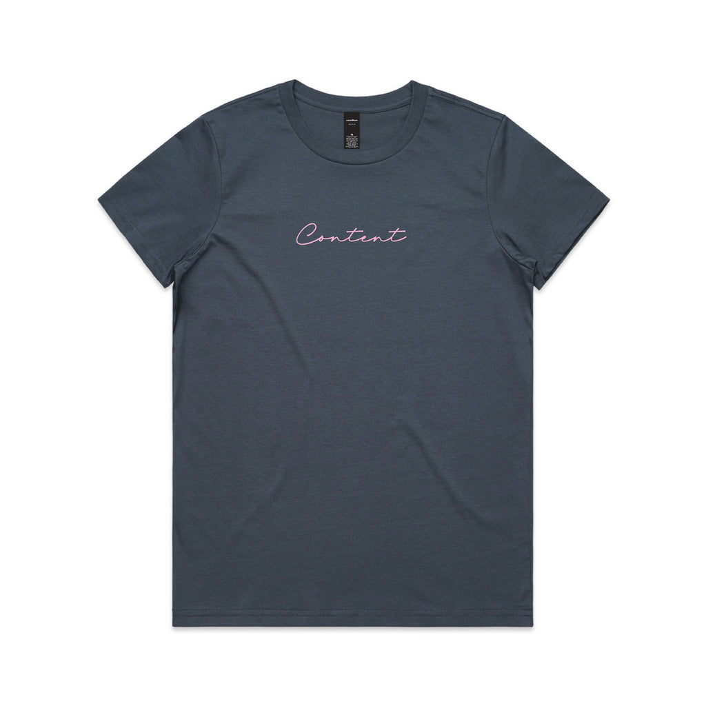 petrol blue t-shirt with 'Content' text on a white background