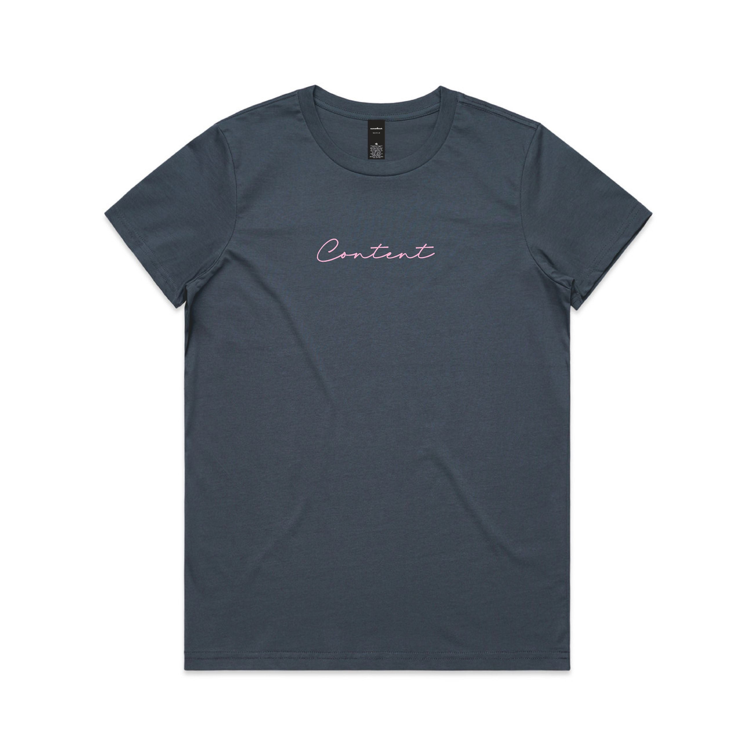 petrol blue t-shirt with 'Content' text on a white background