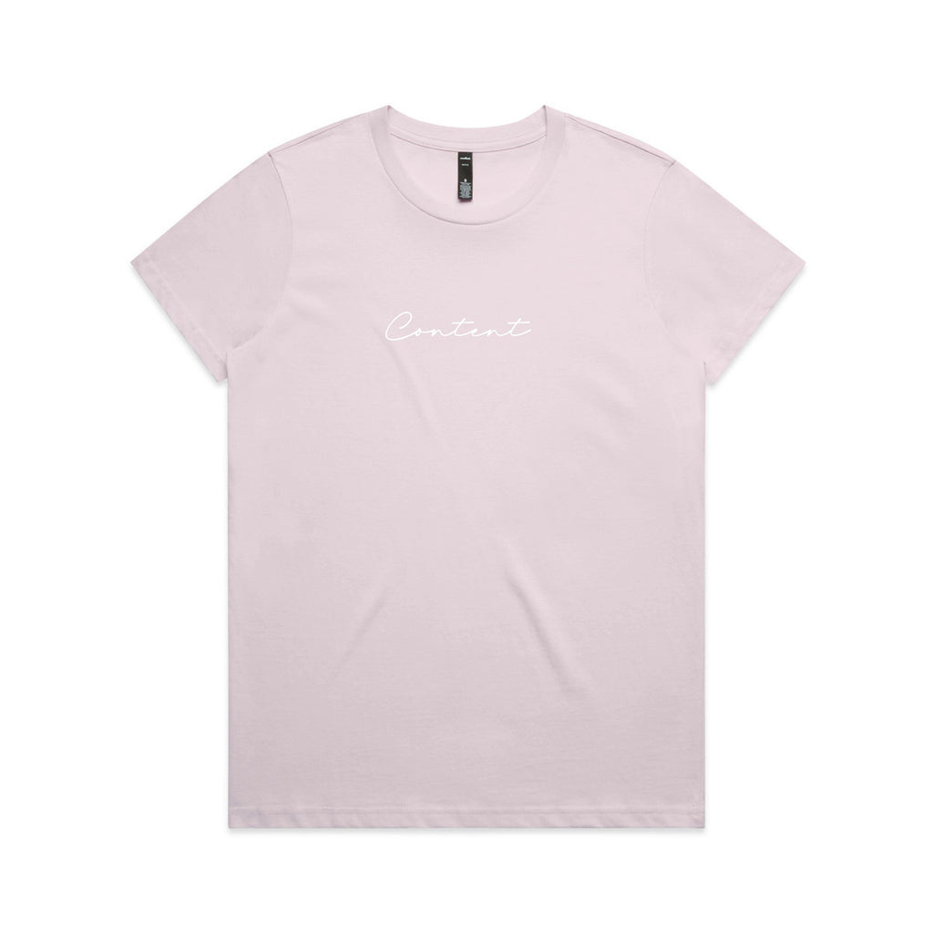 Light pink t-shirt with white text on a white background