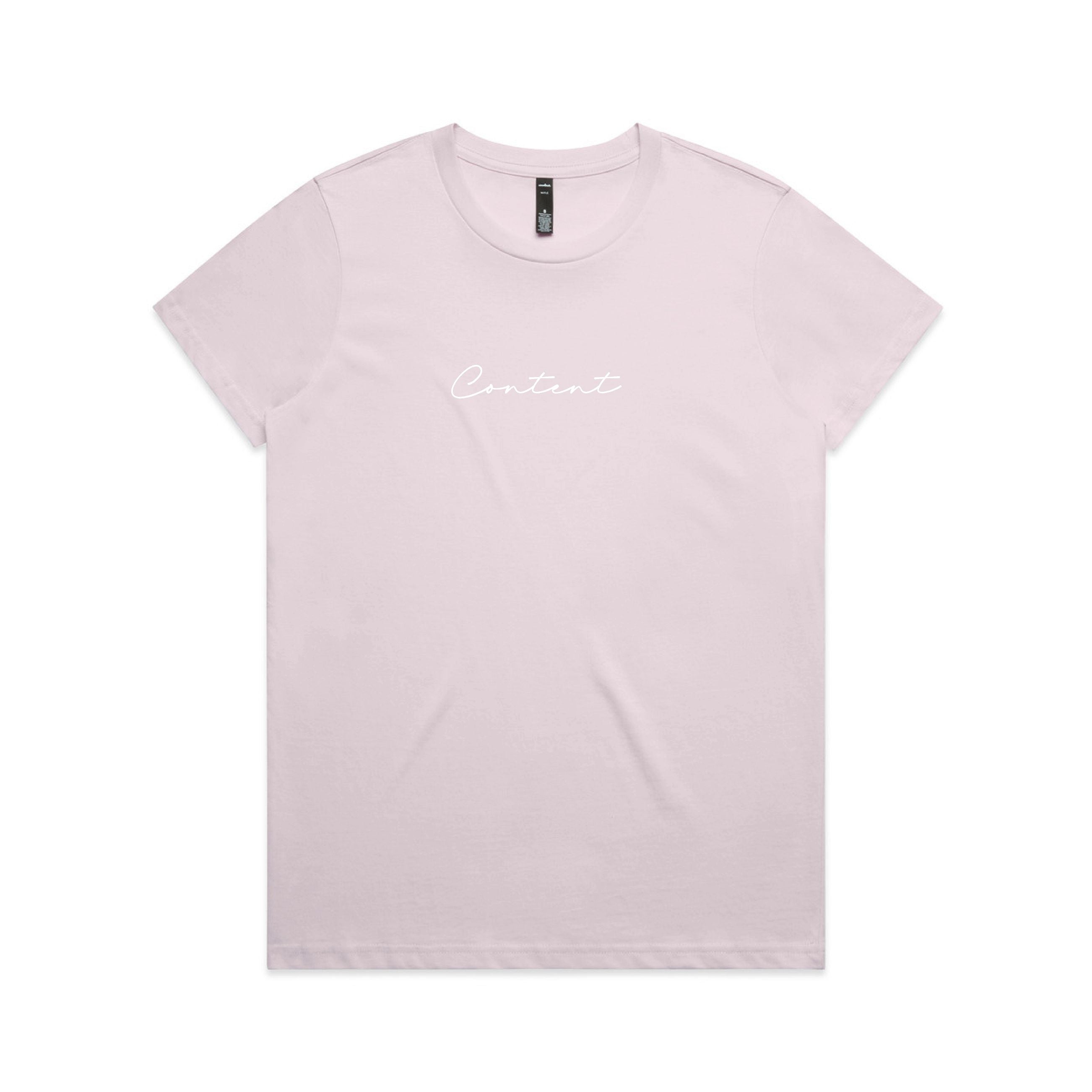 Light pink t-shirt with white text on a white background