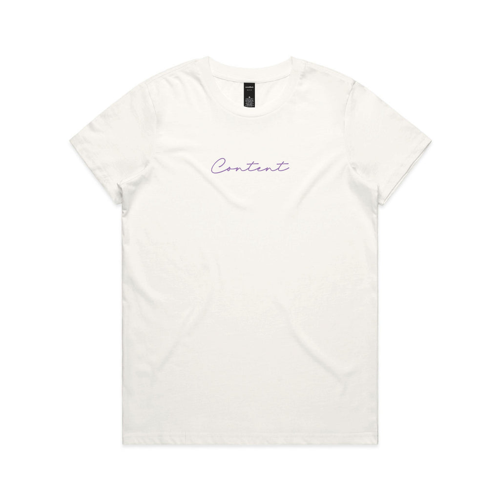 White t-shirt with 'Content' printed on it against a white background