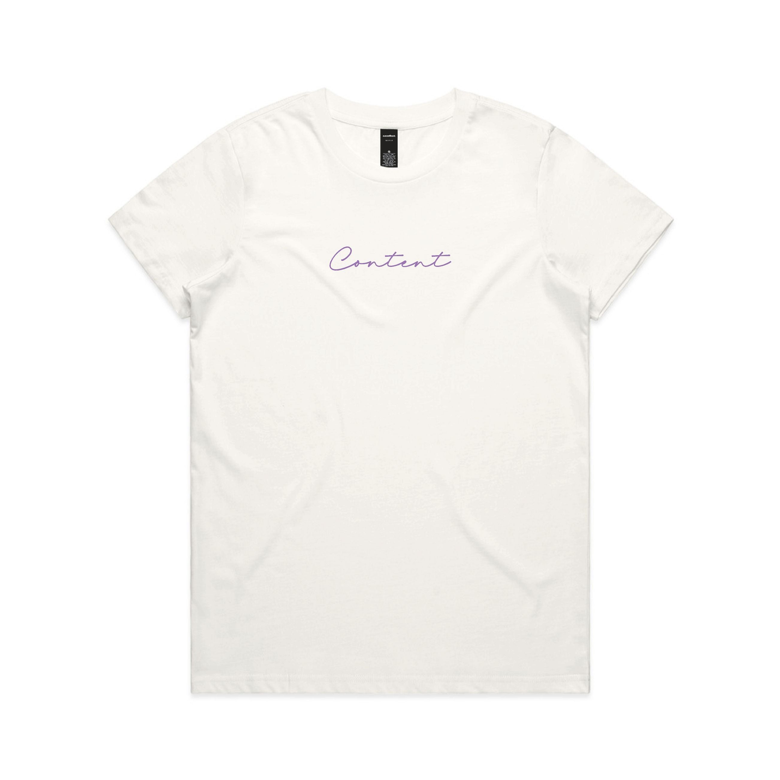 White t-shirt with 'Content' printed on it against a white background