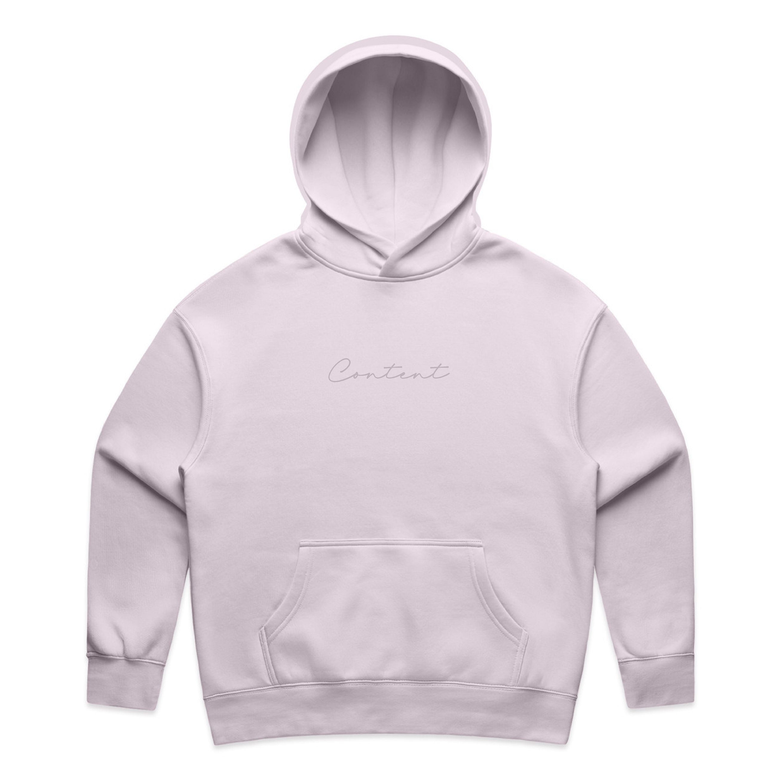 Orchid colour hoodie with 'Content' text on a white background