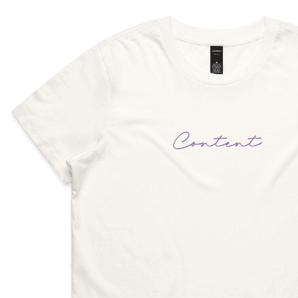 White t-shirt with 'Content' printed in purple on a white background