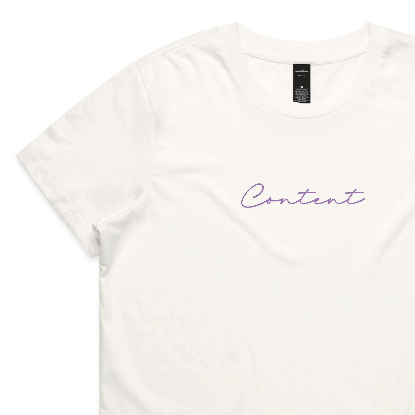 White t-shirt with 'Content' printed in purple on a white background