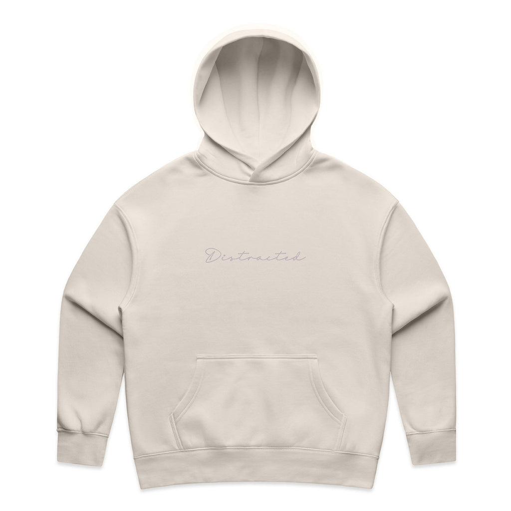 Beige hoodie with 'Distracted' text on a white background