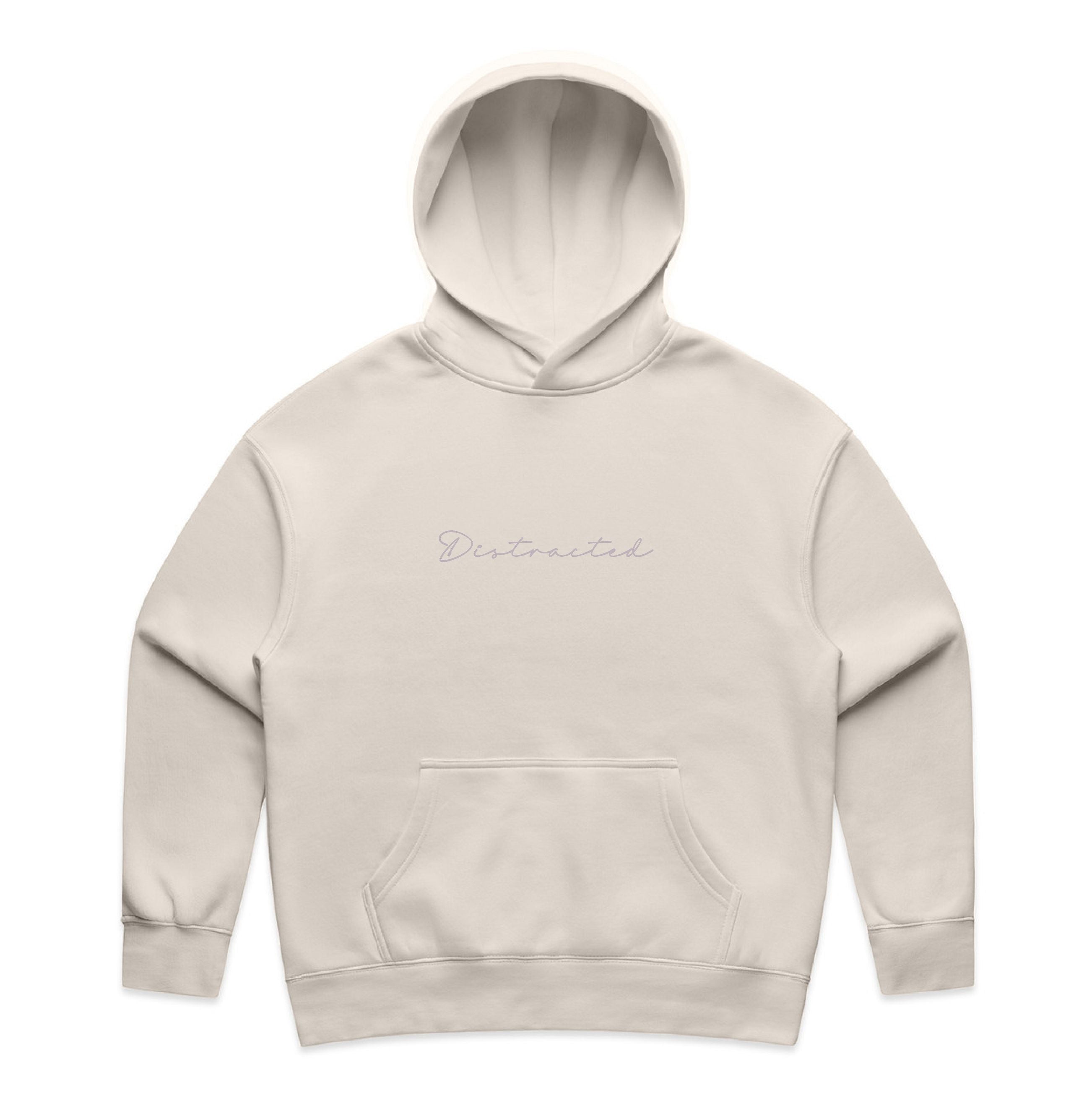 Beige hoodie with 'Distracted' text on a white background