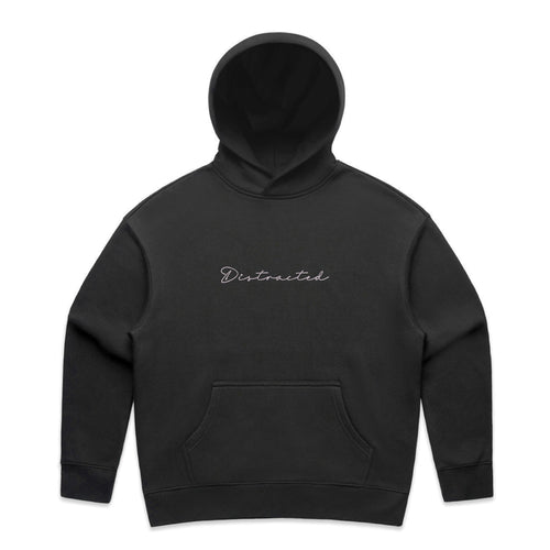 Black hoodie with 'Distracted' text on a white background