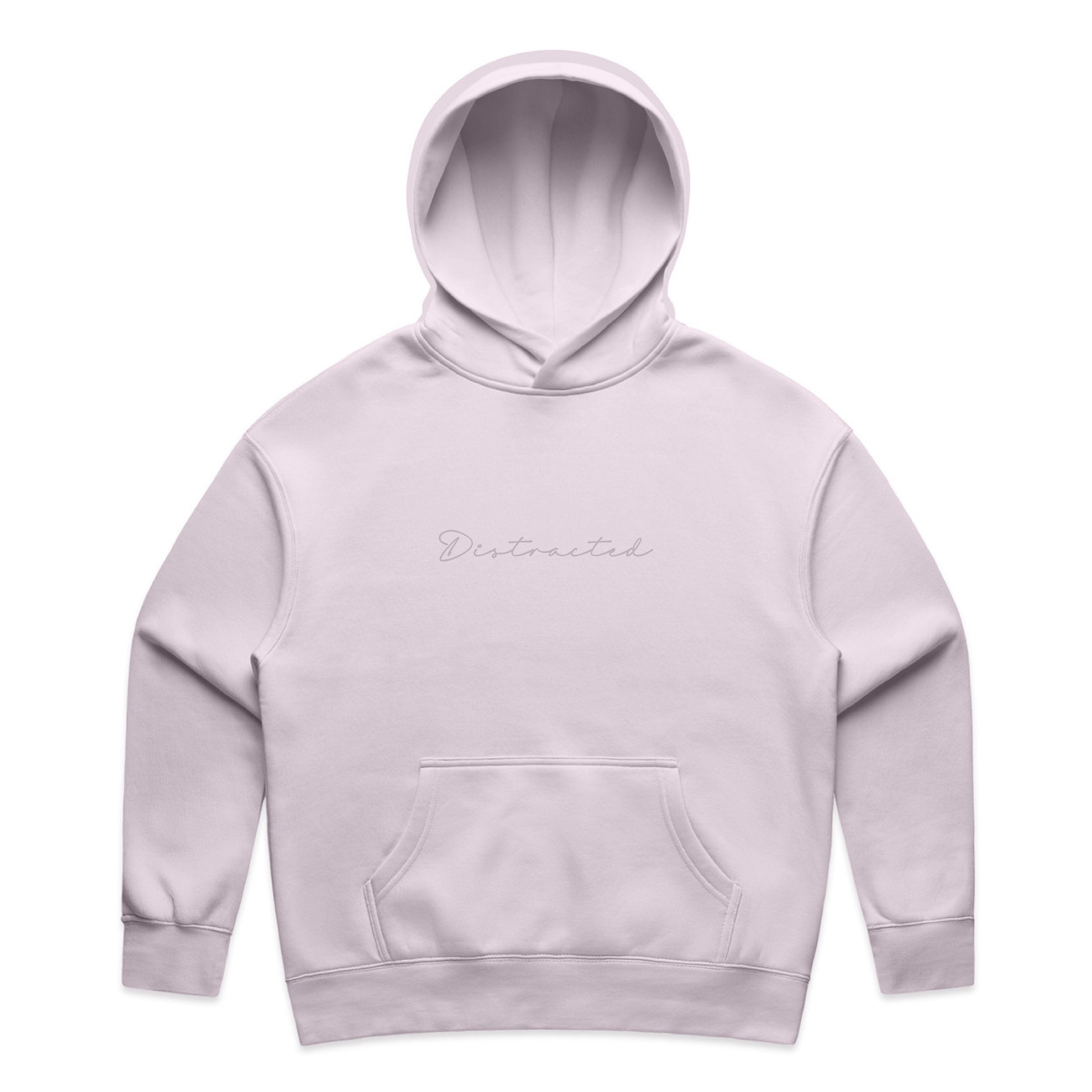 Light purple hoodie with 'Distracted' text on a white background
