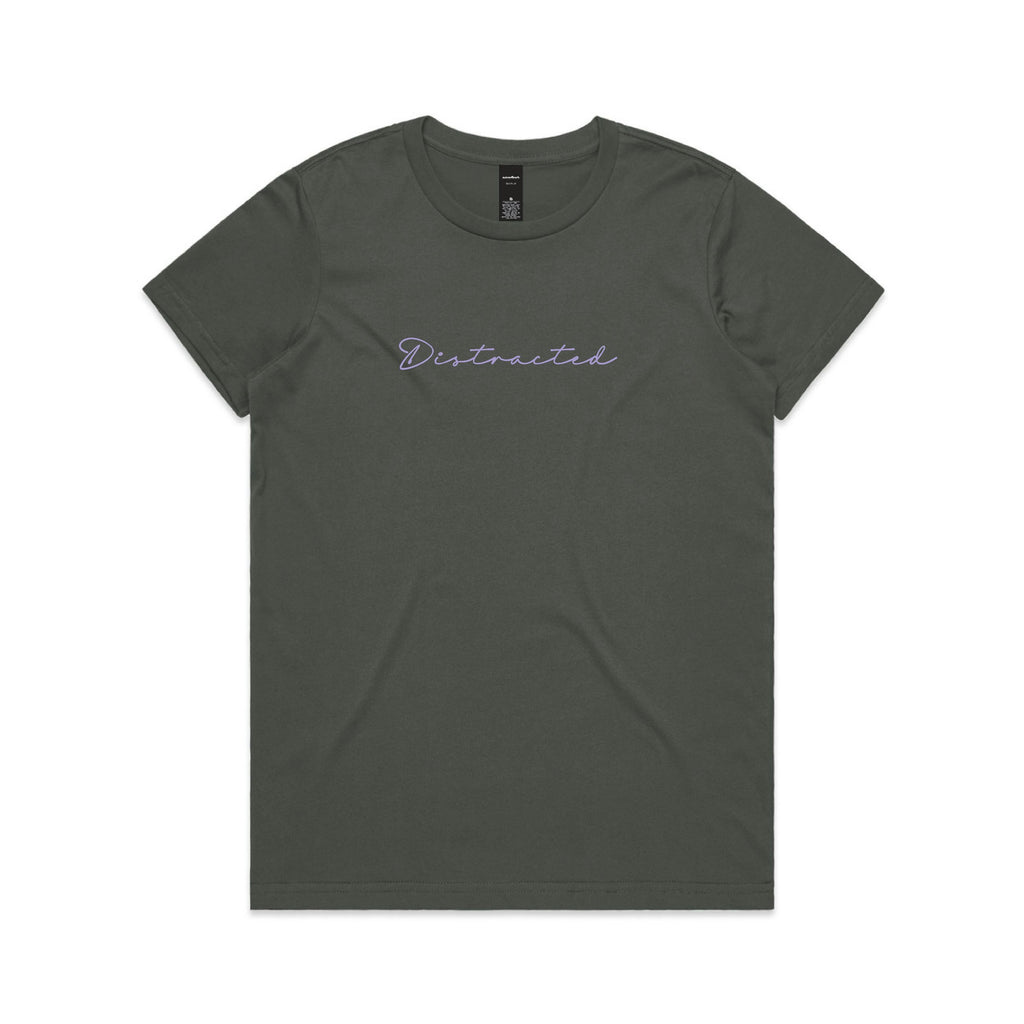 Green t-shirt with 'Distracted' text on a white background