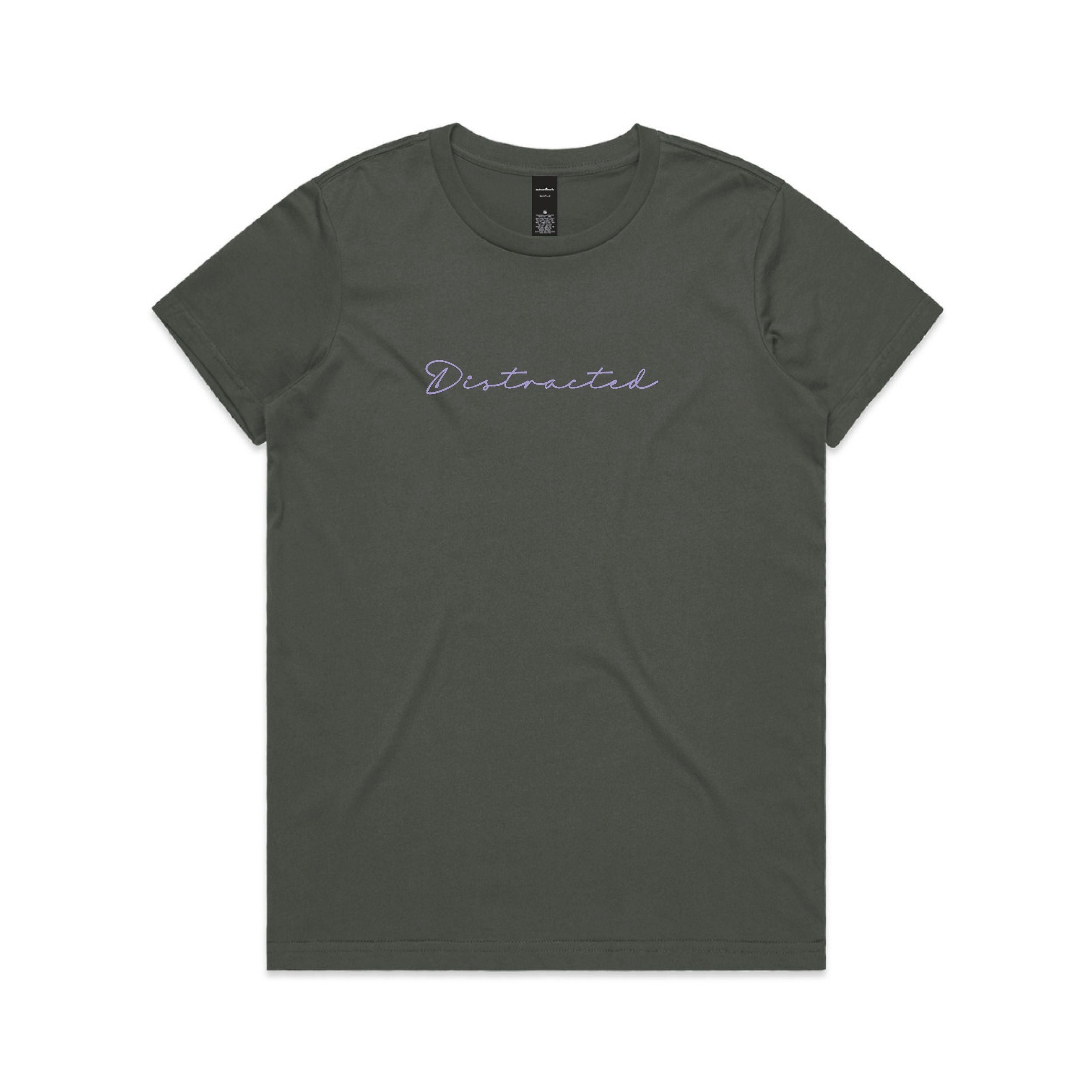 Green t-shirt with 'Distracted' text on a white background