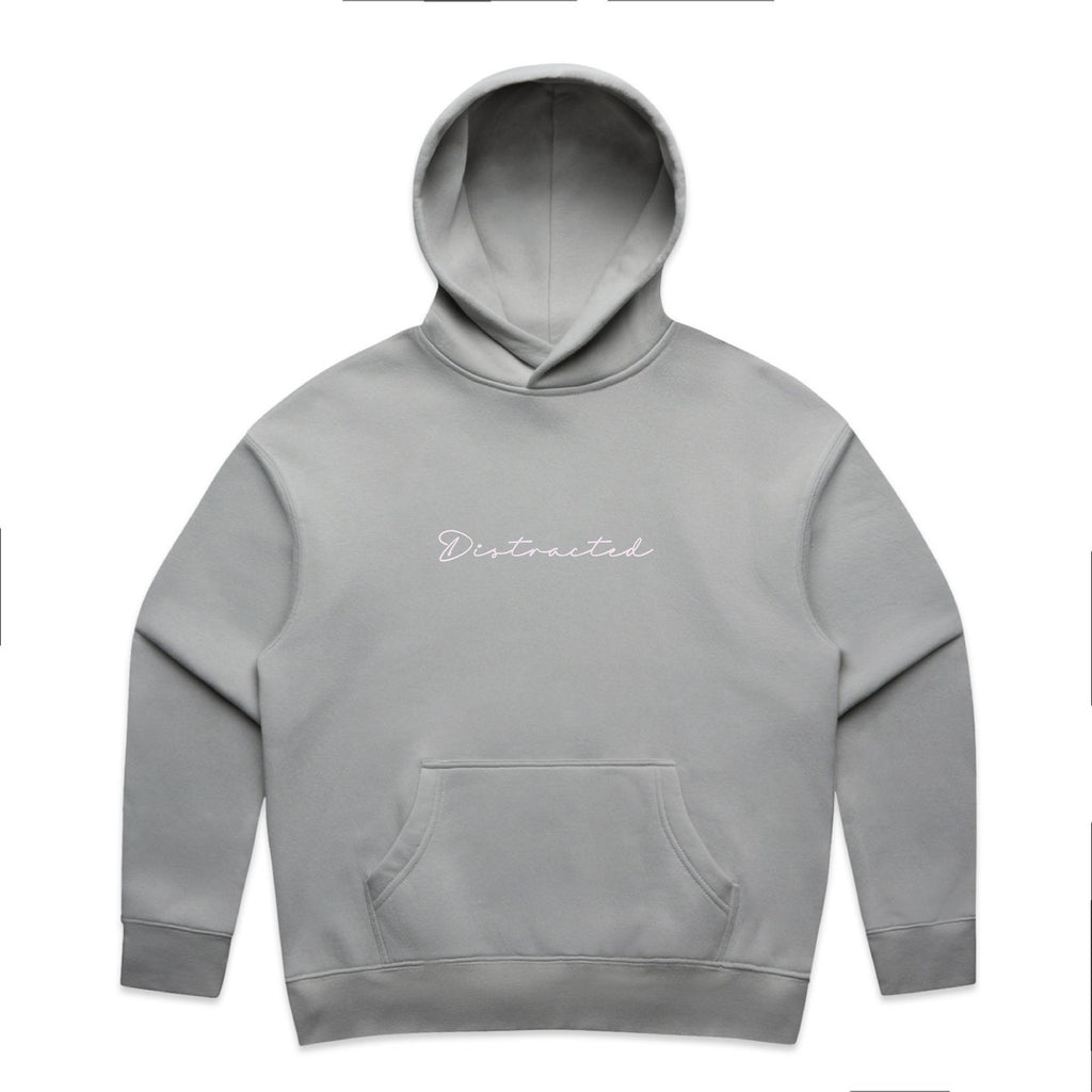 Gray hoodie with 'Distracted' text on a white background