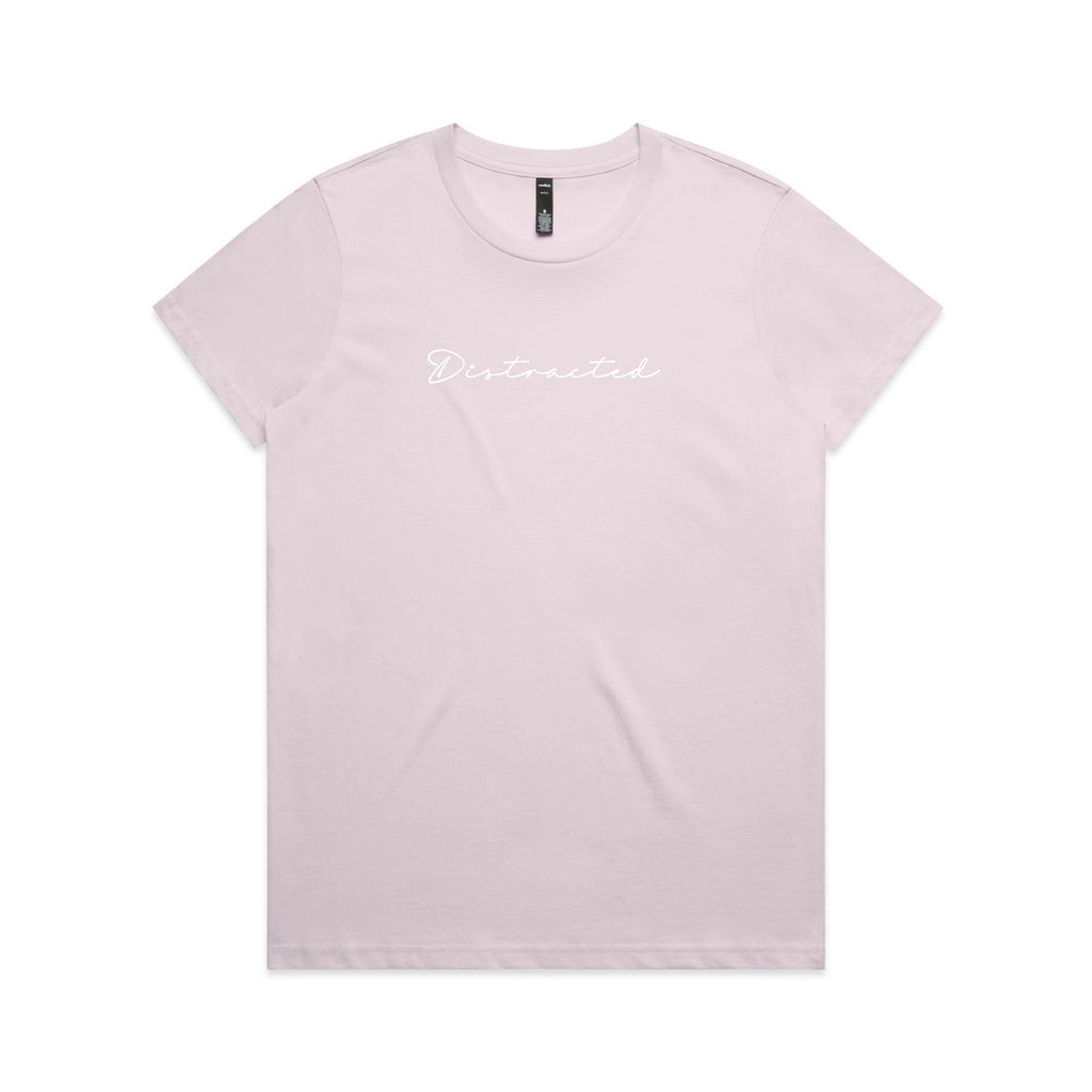 Light pink t-shirt with 'Distracted' text on a white background