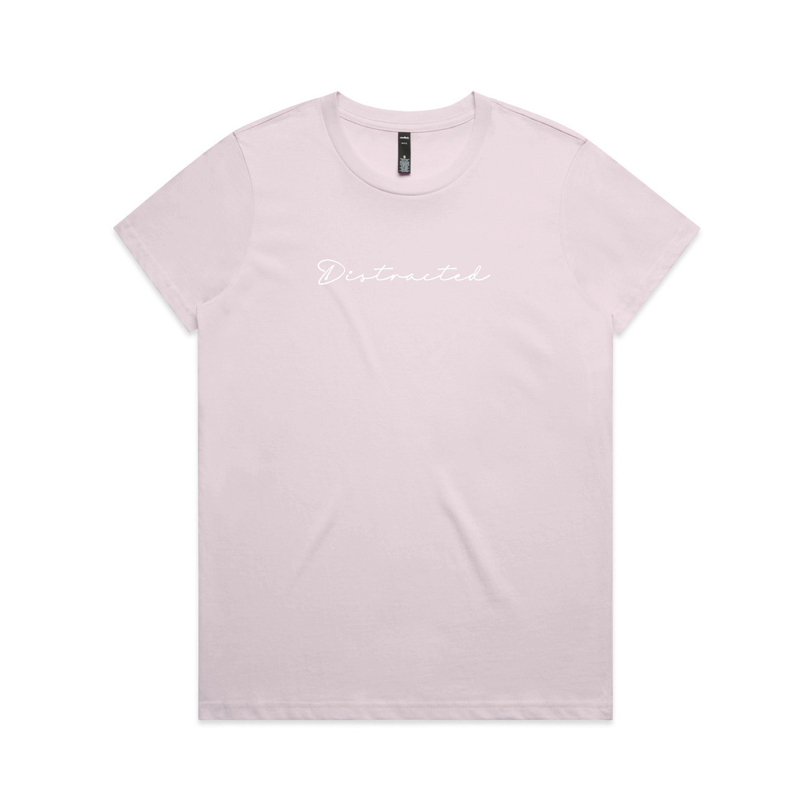 Light pink t-shirt with 'Distracted' text on a white background