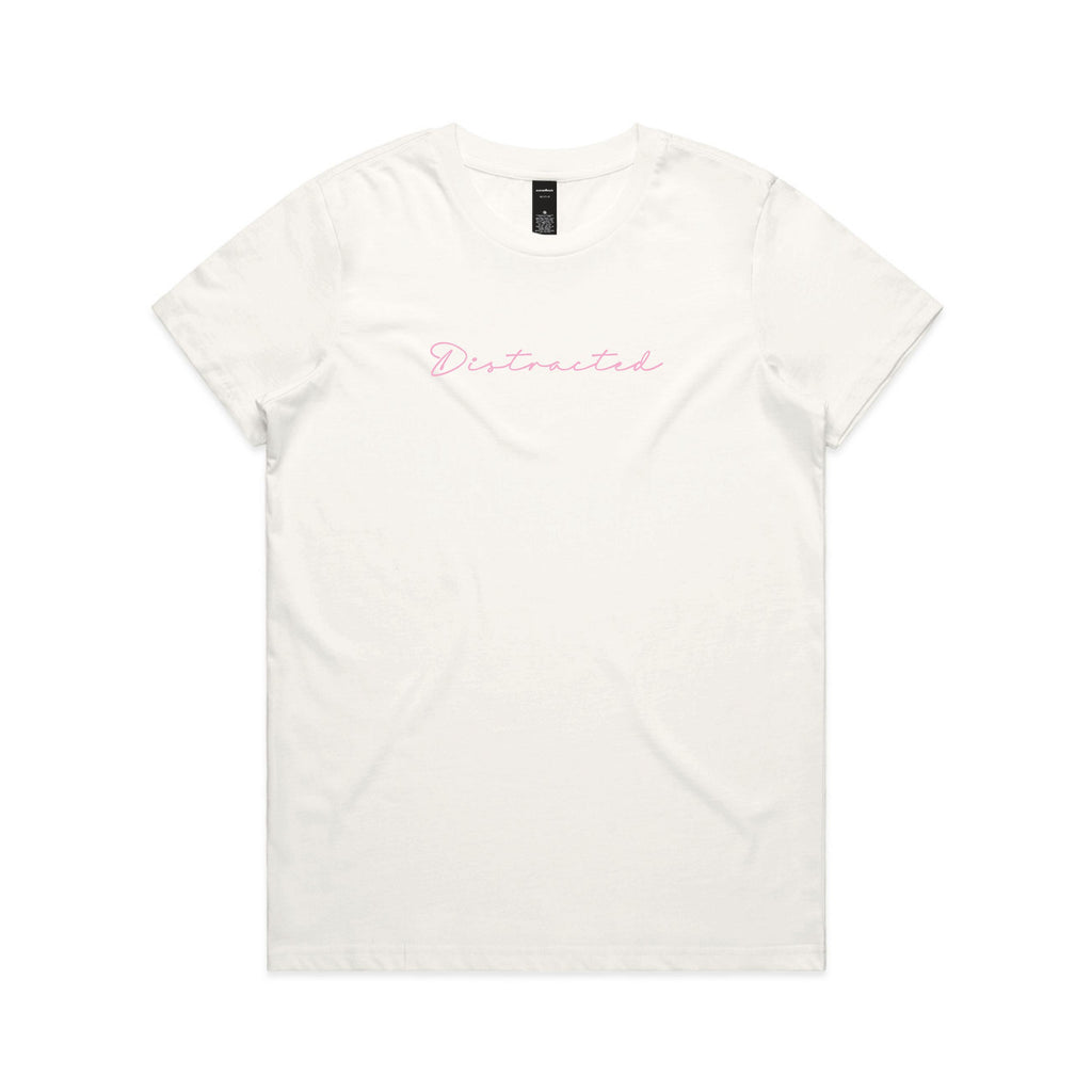 White t-shirt with 'Distracted' text on a white background