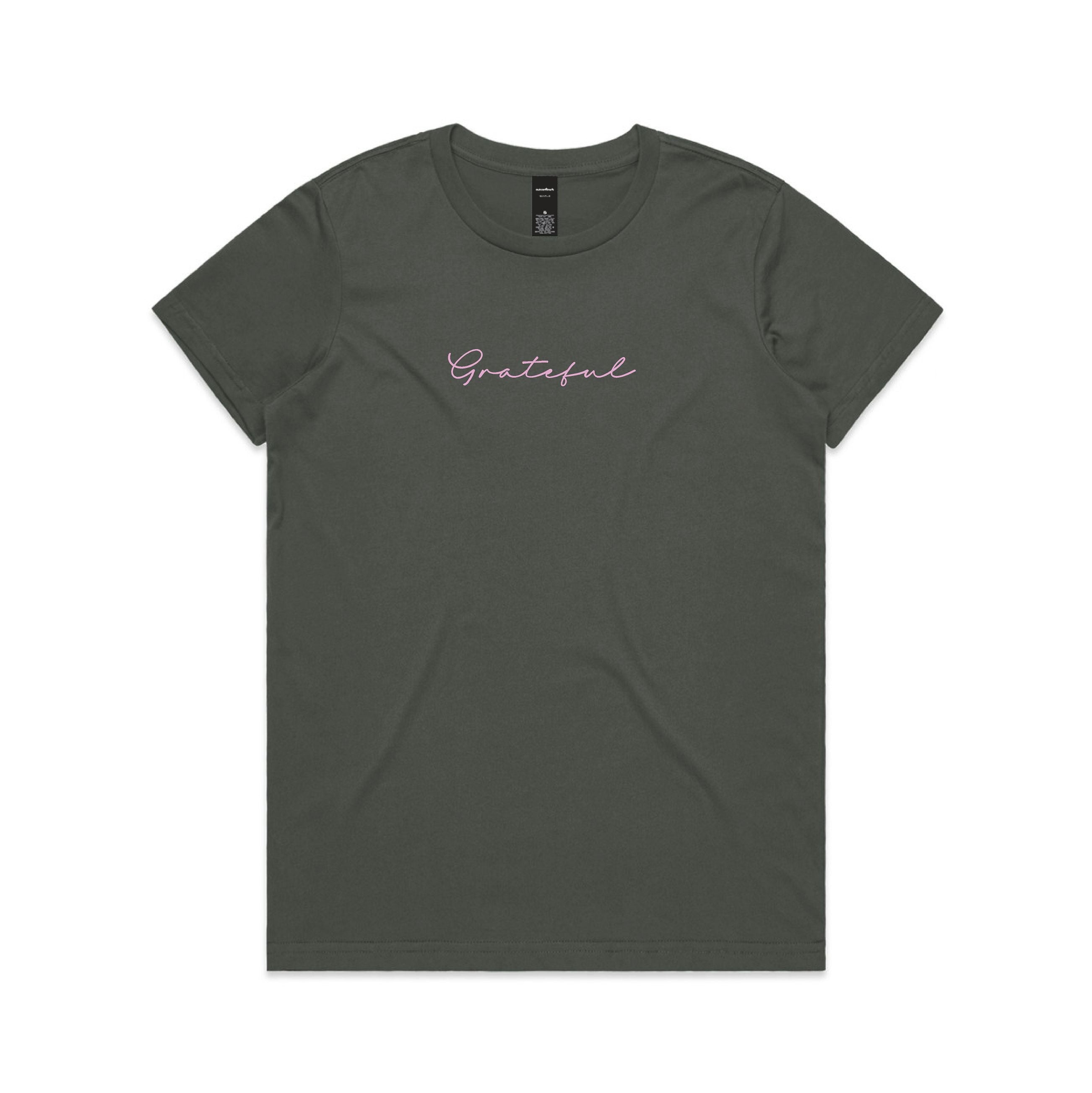 Grey t-shirt with 'Grateful' text on a white background