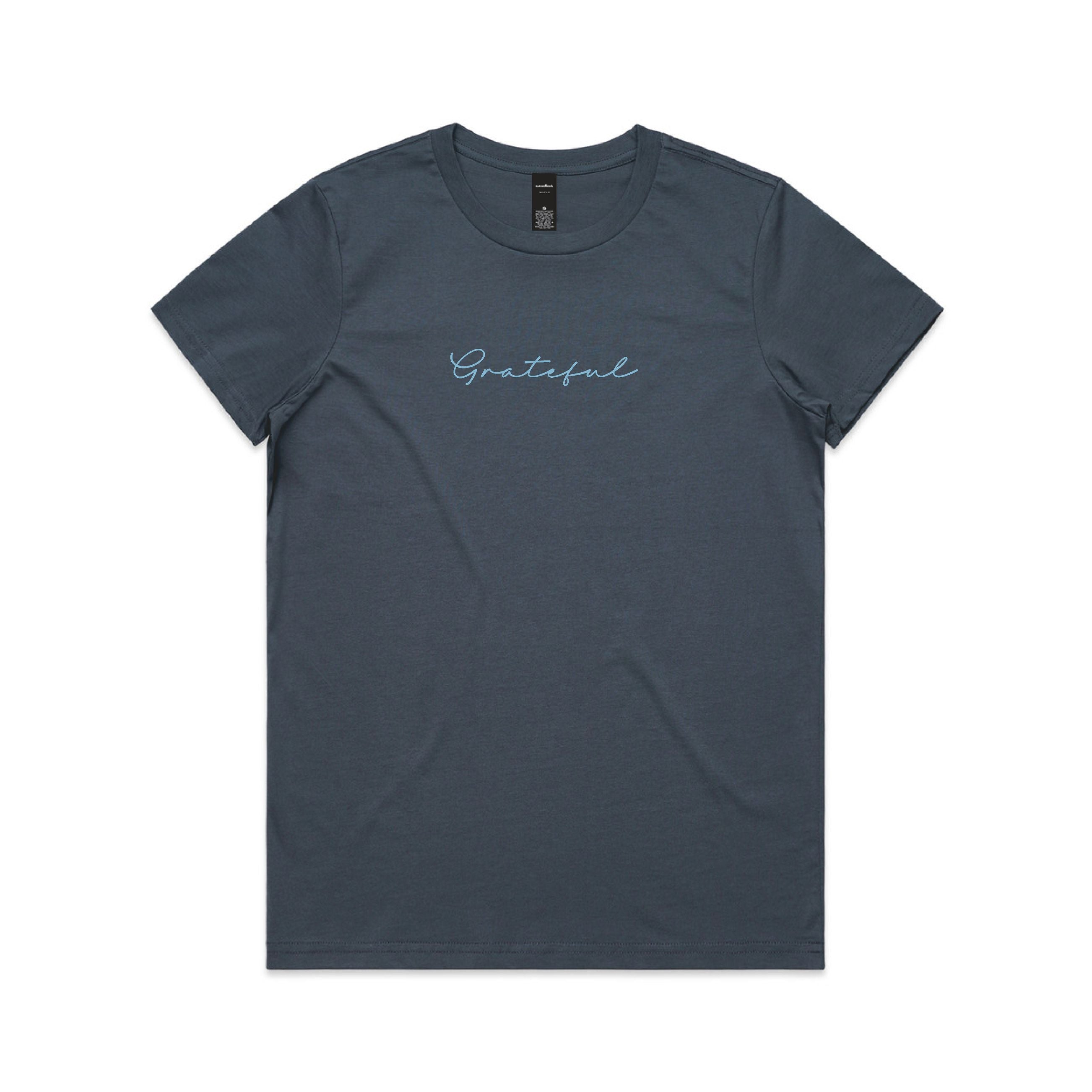 petrol blue t-shirt with 'Grateful' text on a white background