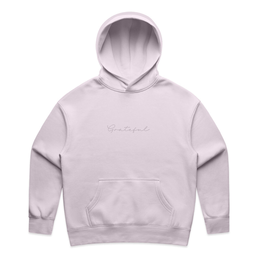 Light purple hoodie with 'Grateful' text on a white background