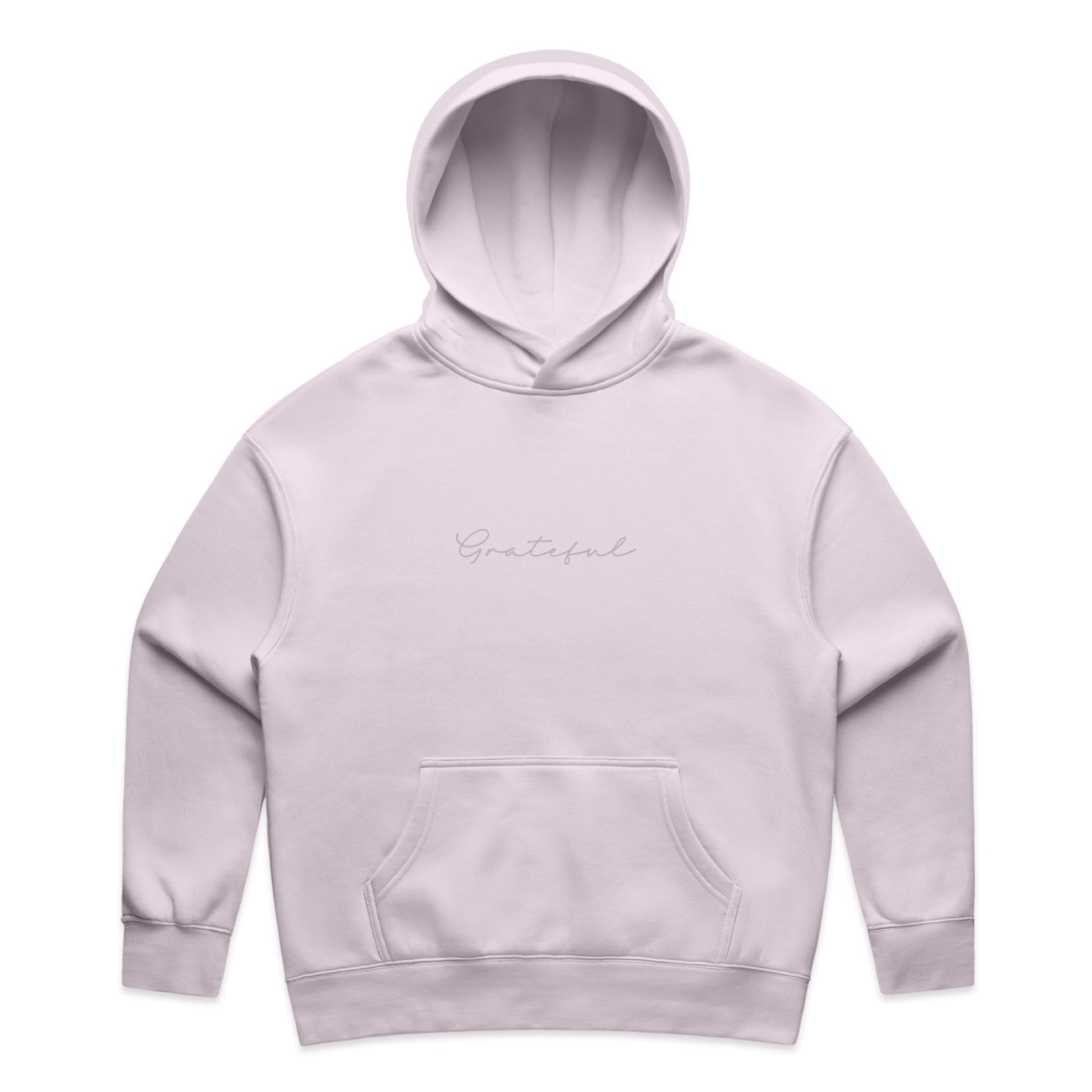 Light purple hoodie with 'Grateful' text on a white background