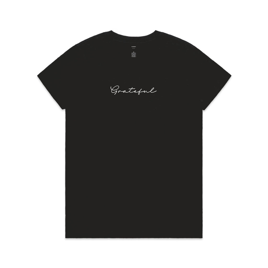 Black t-shirt with 'Grateful' text on a white background