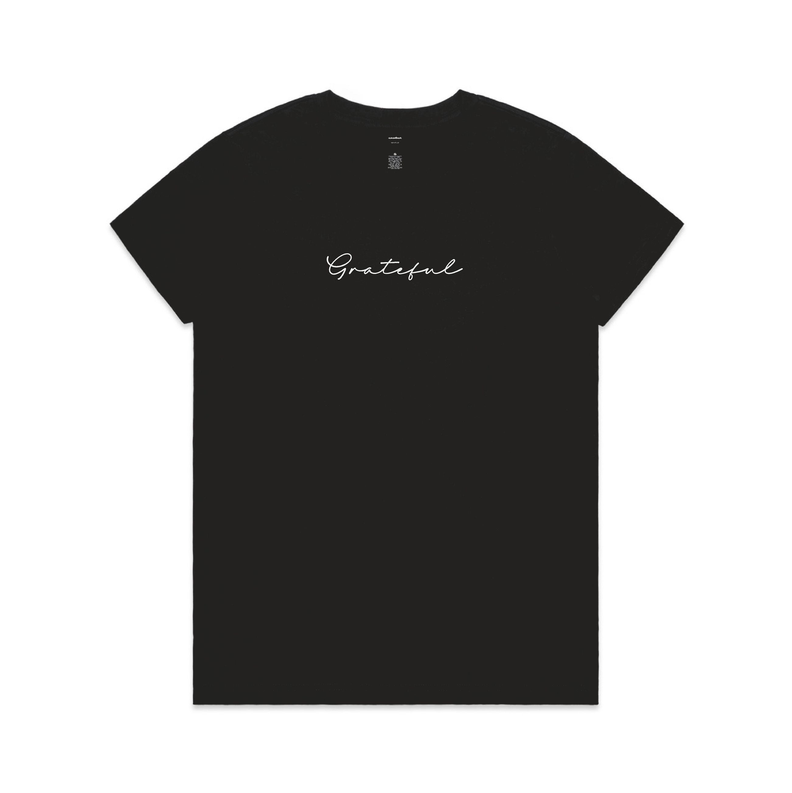 Black t-shirt with 'Grateful' text on a white background