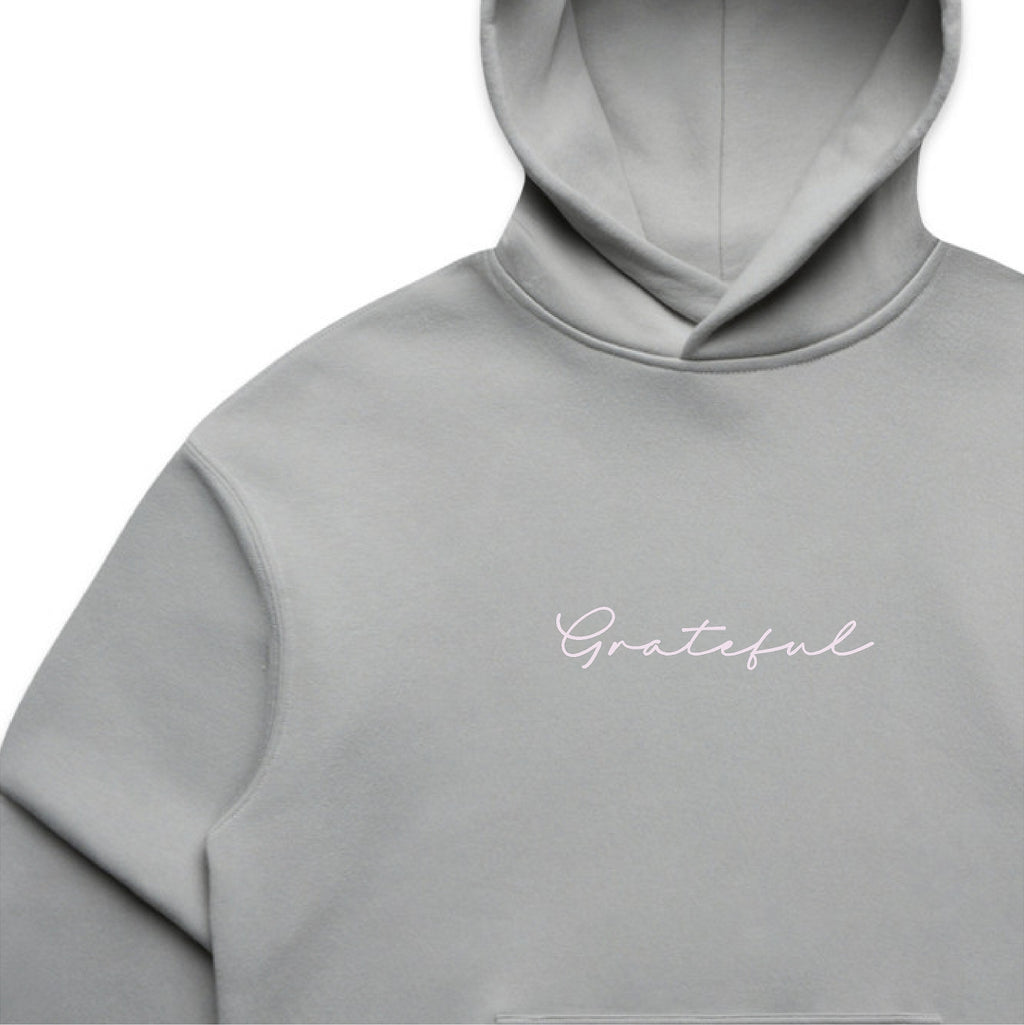 Gray hoodie with 'Grateful' text on a white background