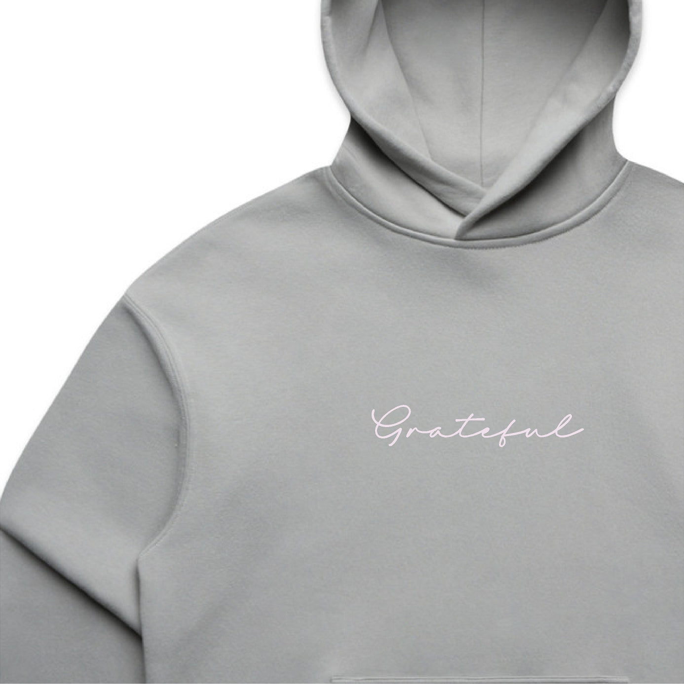 Gray hoodie with 'Grateful' text on a white background