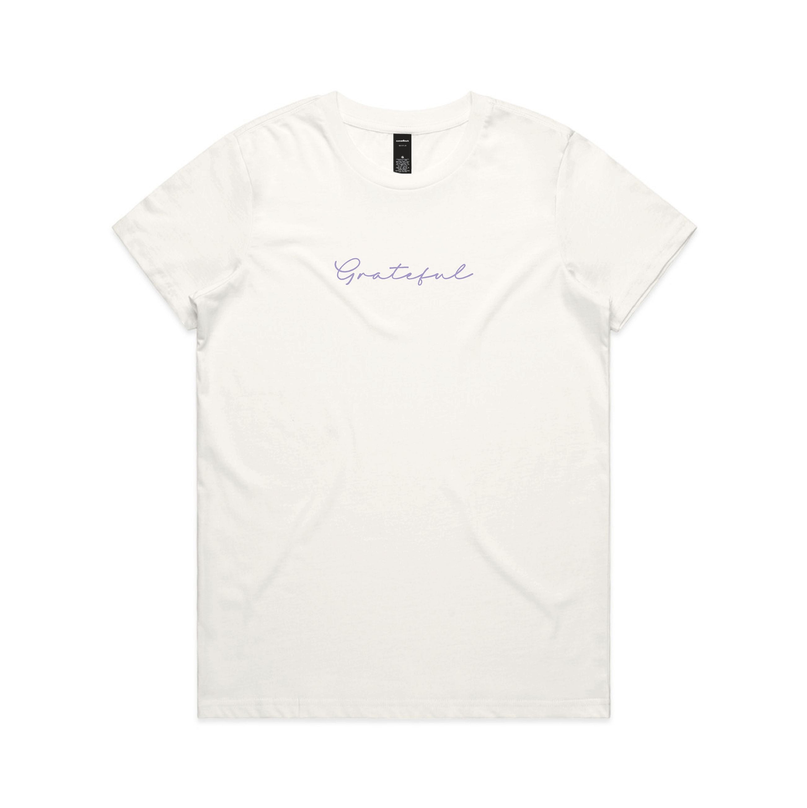 White t-shirt with 'Grateful' text on a white background