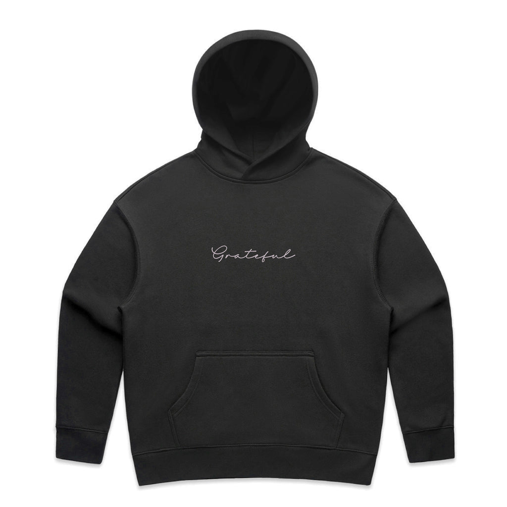 Black hoodie with 'Grateful' text on a white background