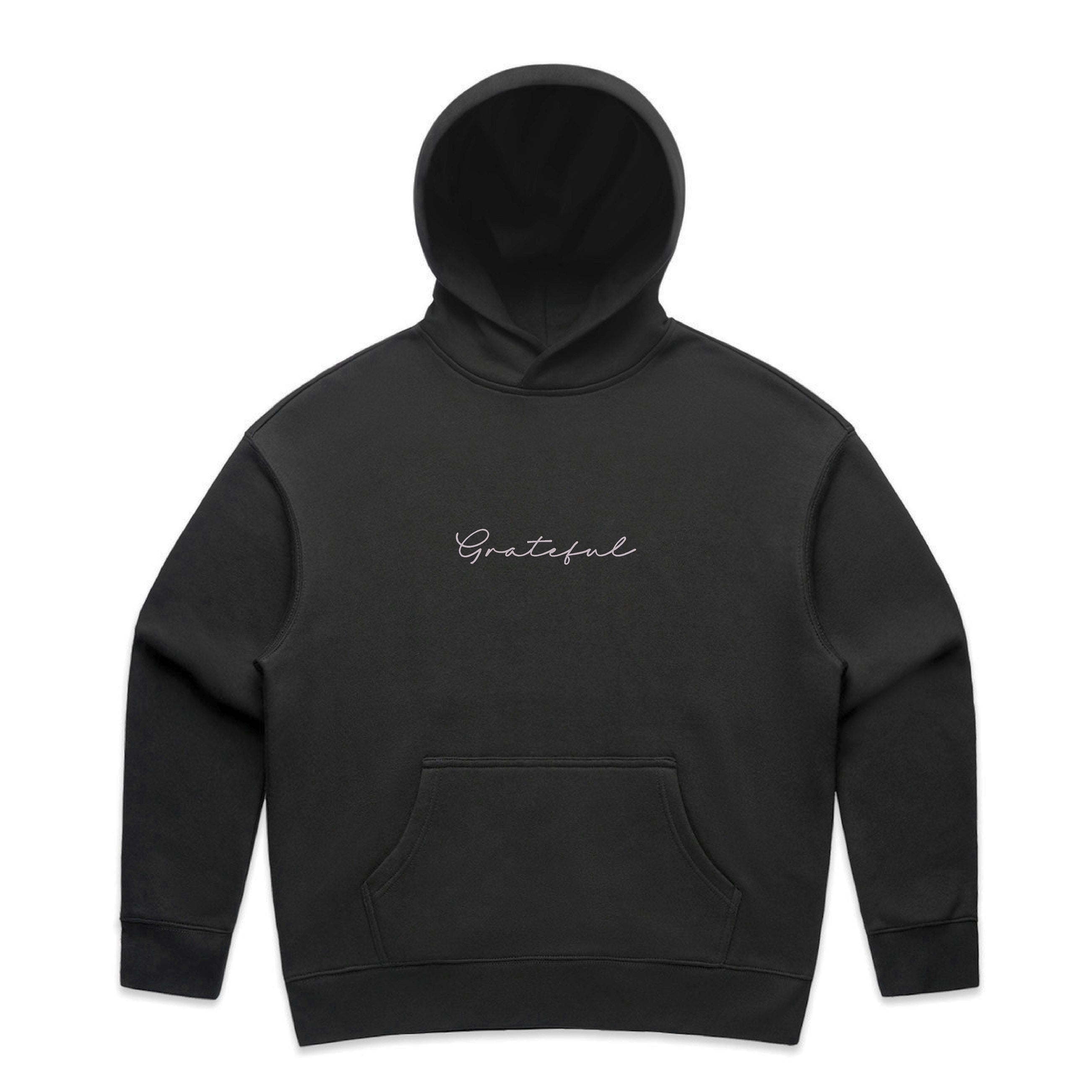 Black hoodie with 'Grateful' text on a white background